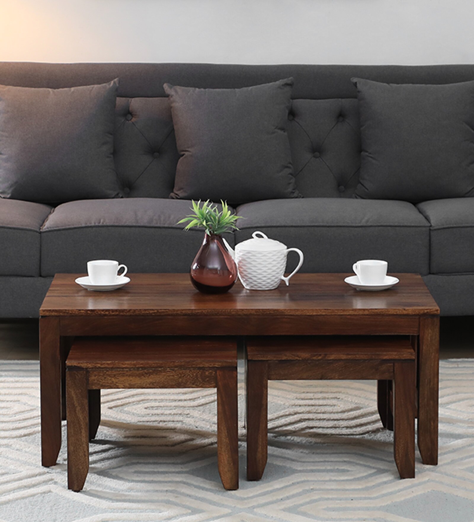 Anitz Sheesham Wood Nesting Coffee Table Set in Scratch Resistant Provincial Teak Finish With Stools