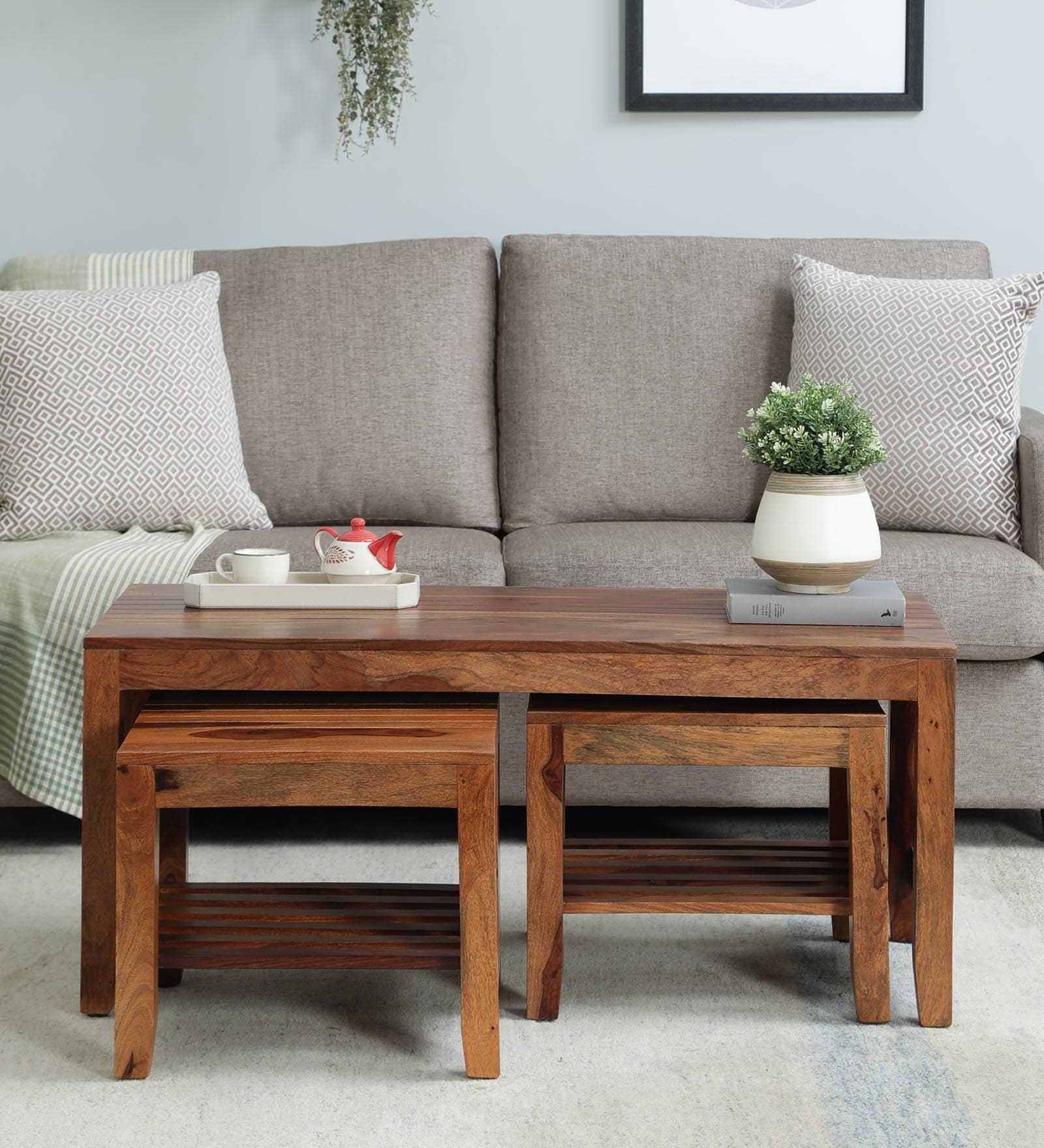 Anitz Sheesham Wood Nesting Coffee Table Set In Warm Walnut Finish