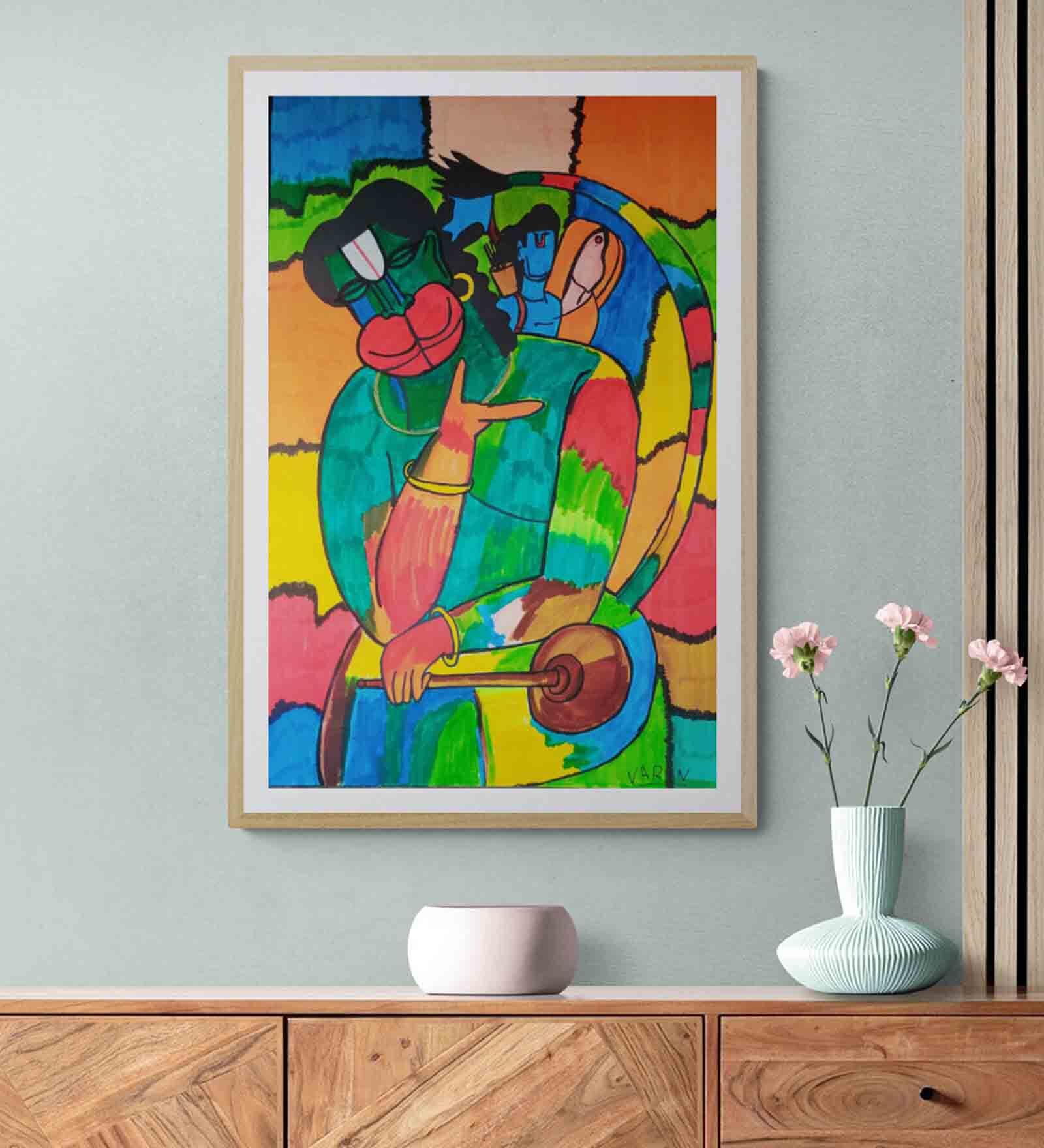 Anjani Putra Hanuman Handmade Brush Pens On Unframed Canvas Painting