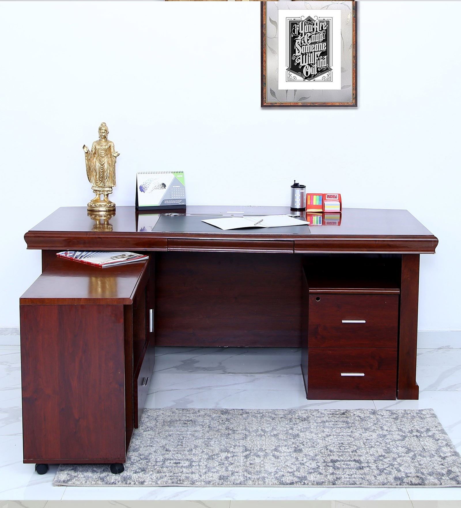 Ankara Executive Office Table with Side Runner & Drawer Cart in Brown Polish