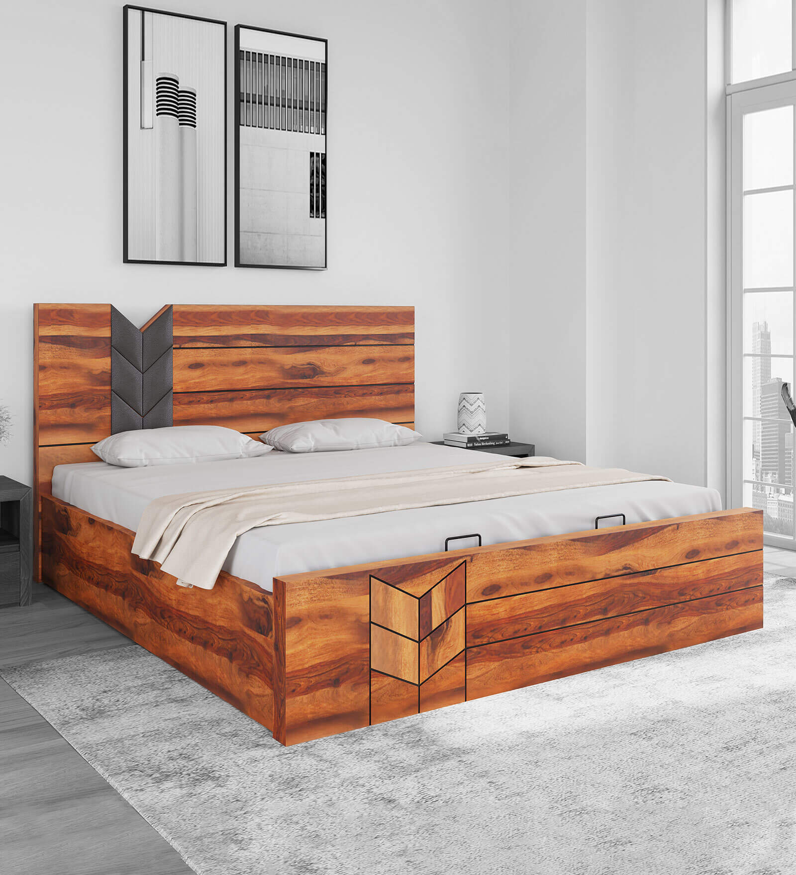Ankara Sheesham Wood King Size Bed in Walnut Finish with Hydraulic Storage