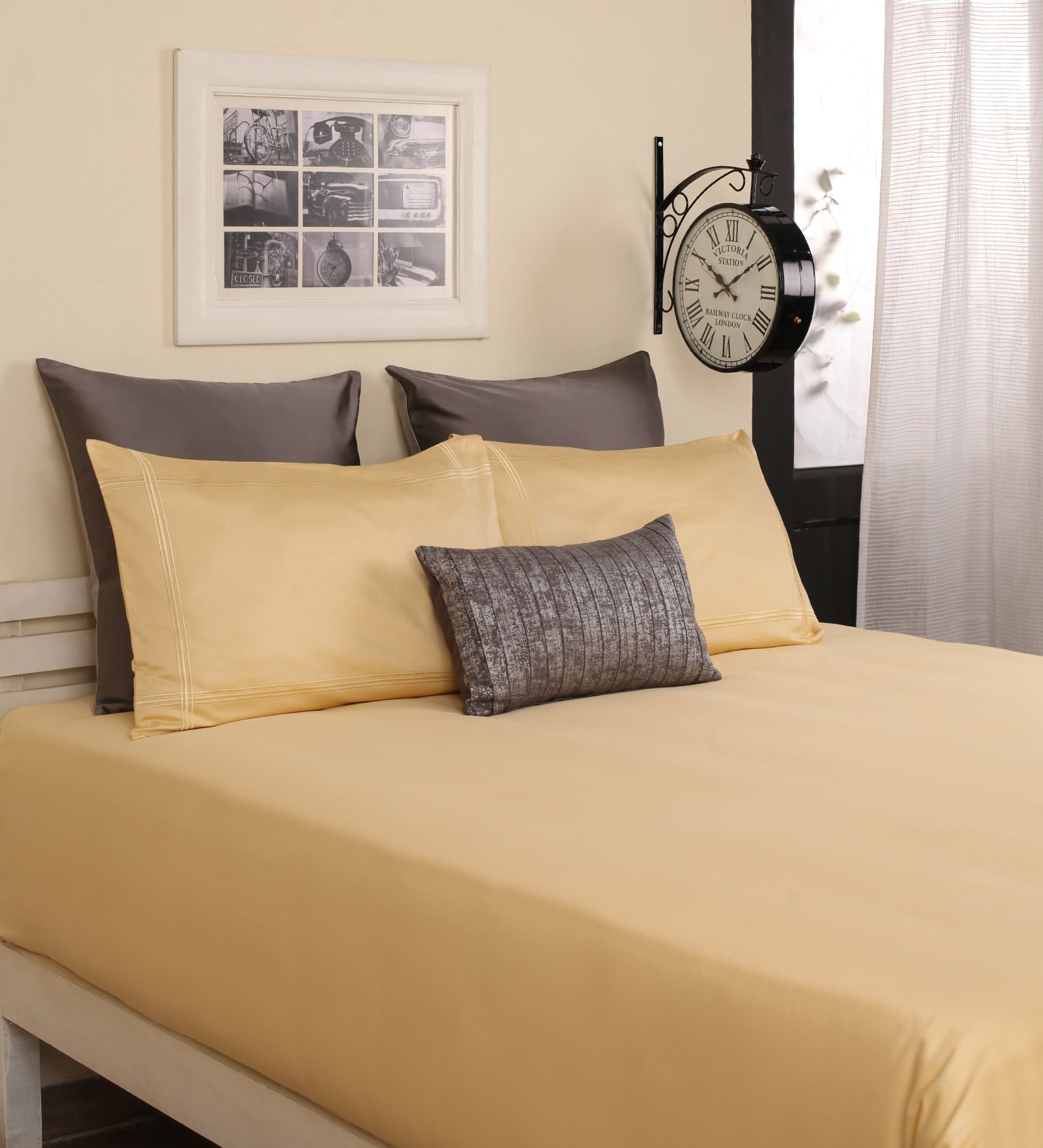 Buy Anna Simona Yellow Cotton King Size Bed Sheet Set of 3 Online