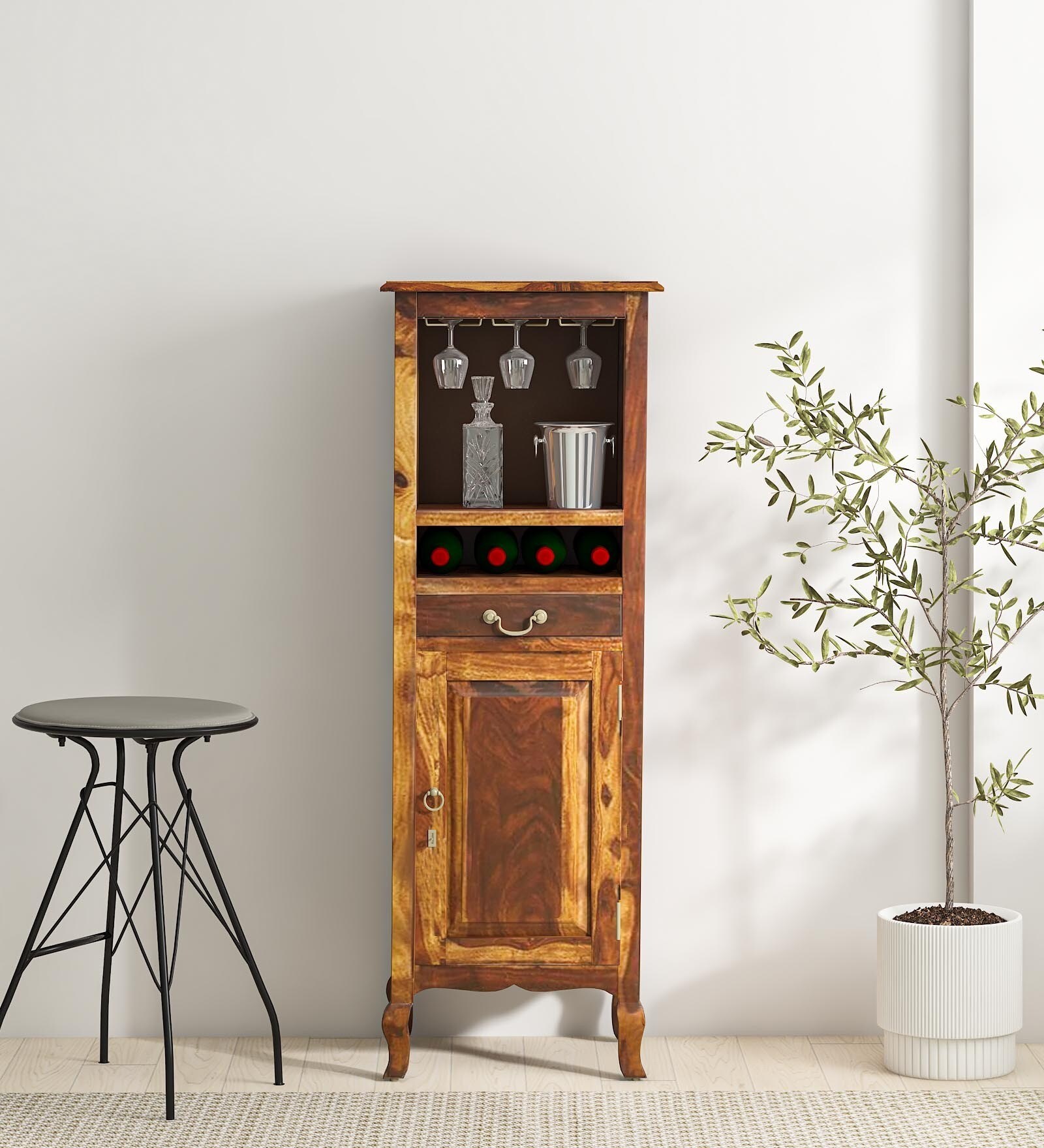 Anne Sheesham Wood Tall Bar Cabinet In Provincial Teak Finish