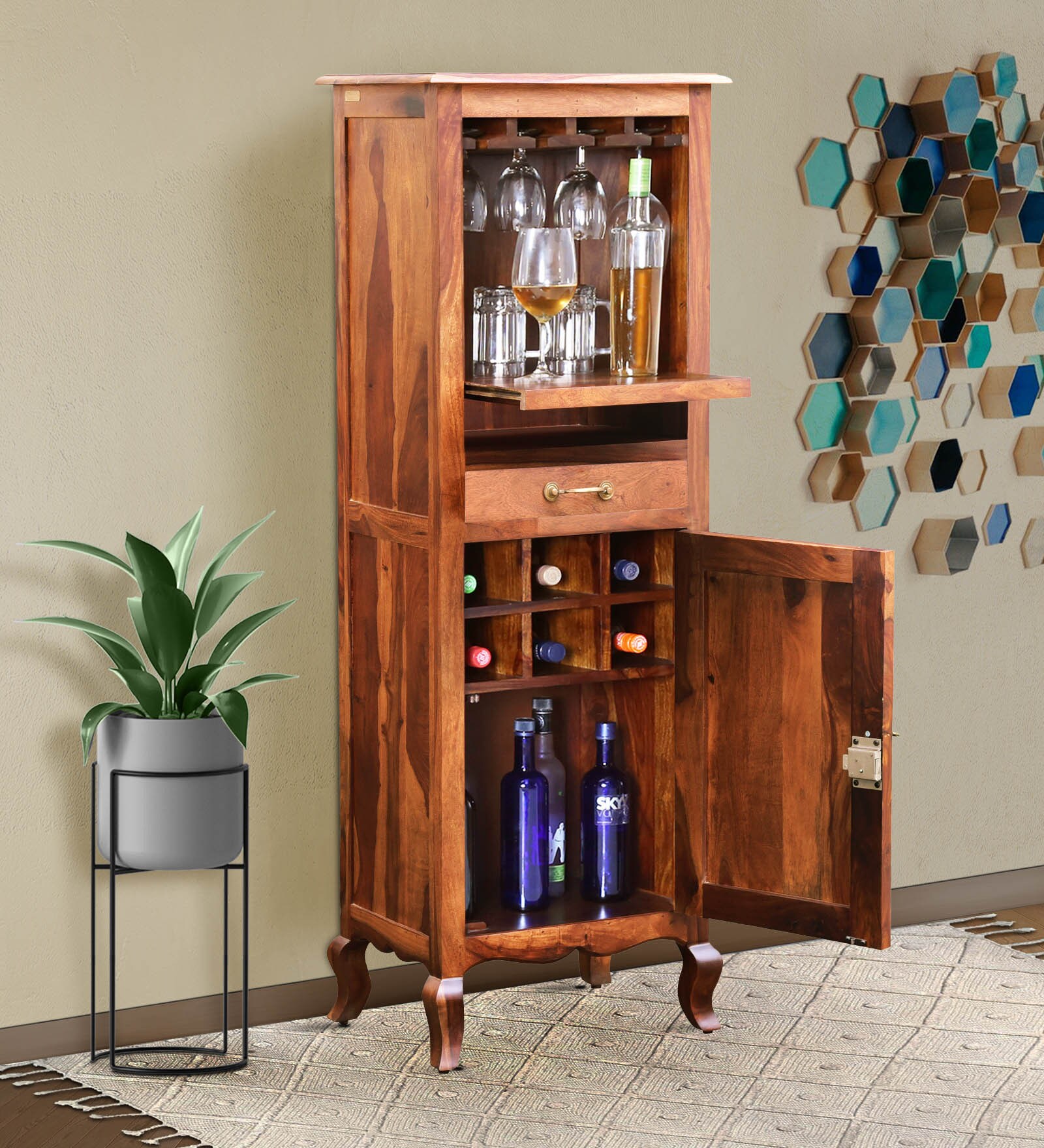 Anne Sheesham Wood Bar Cabinet In Rustic teak Finish
