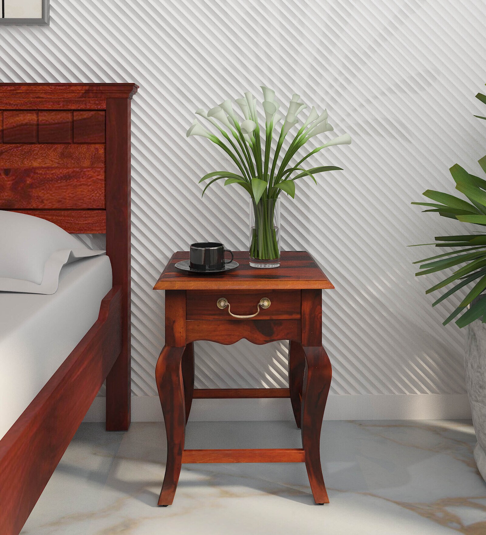 Anne Sheesham Wood Bedside Table In Honey Oak Finish With Drawer