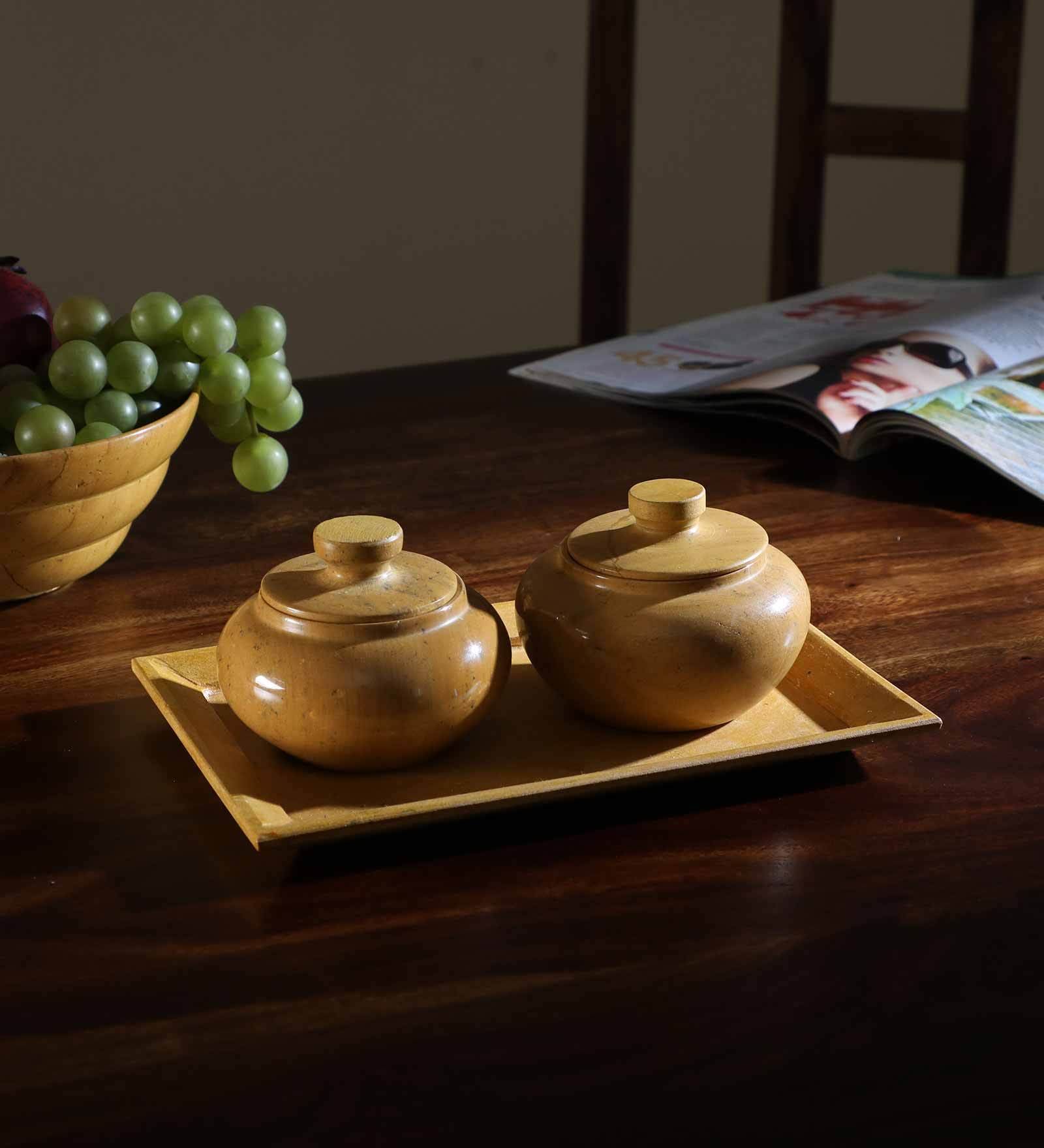 Annpurana Yellow Gold Stone 2 Pcs Condiment Jar with Tray