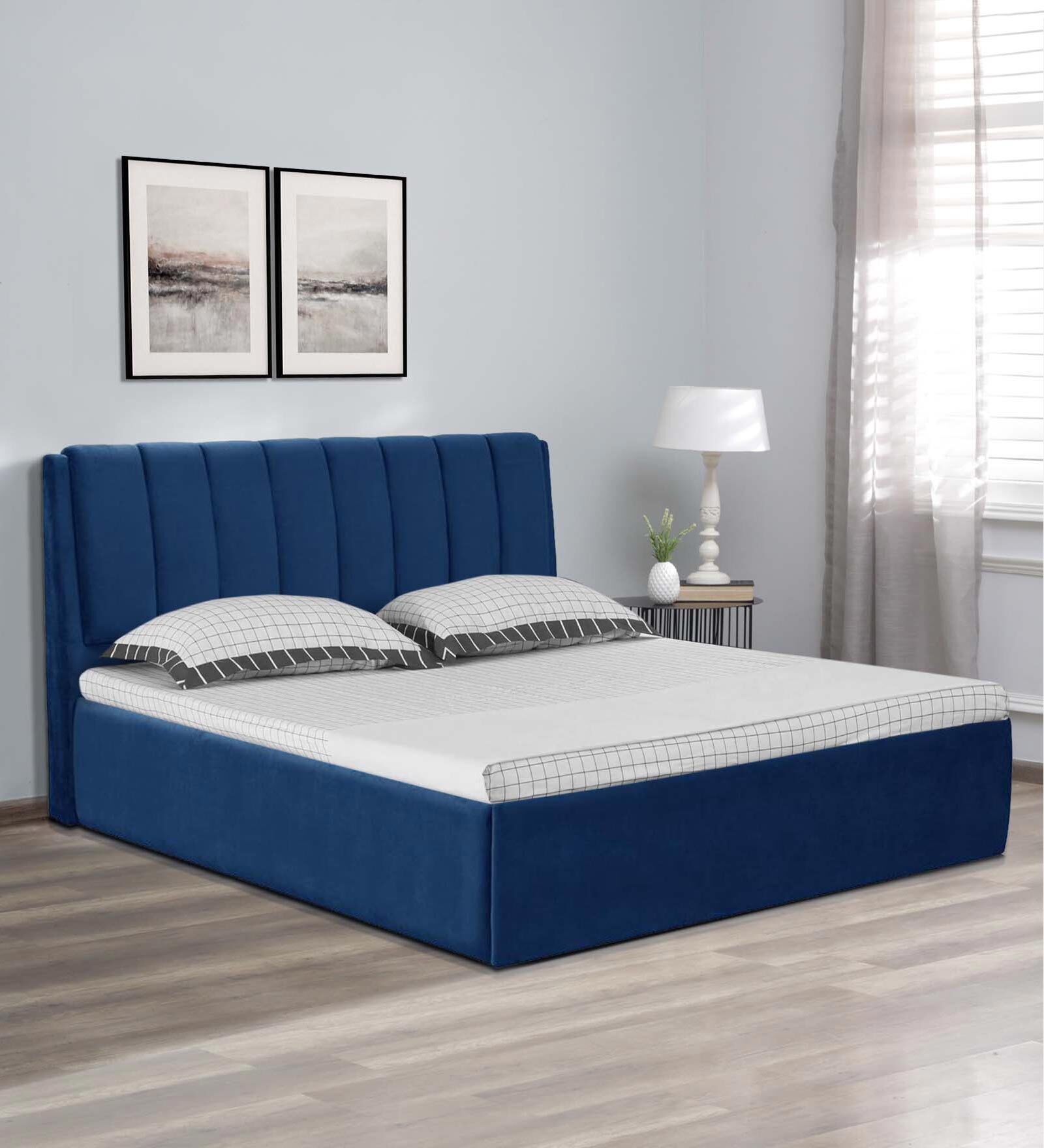 Buy Antho Upholstered King Size Bed In Velvet Blue Finish With Box ...