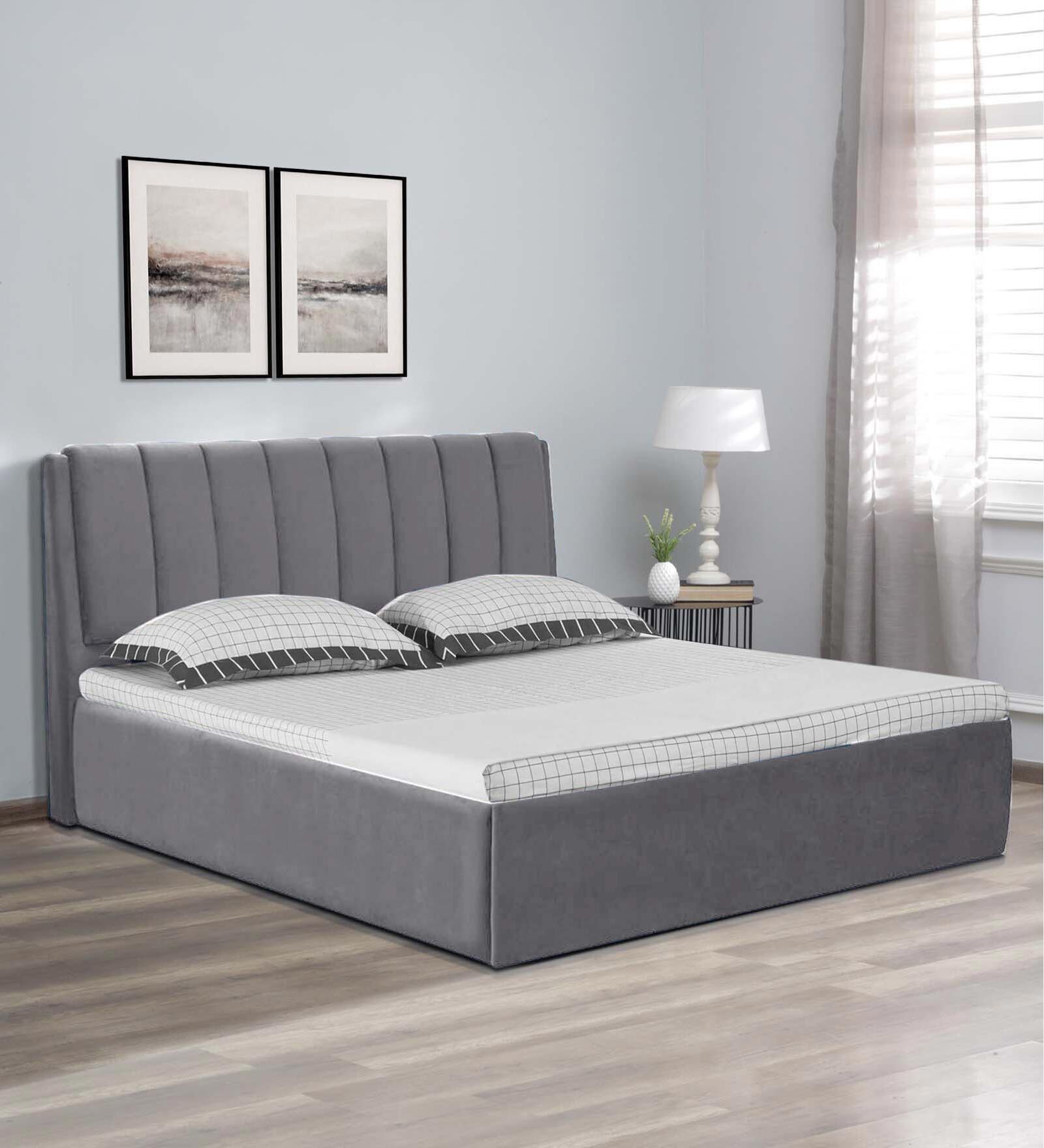 Antho Upholstered King Size Bed In Velvet Space Grey Finish With Box Storage