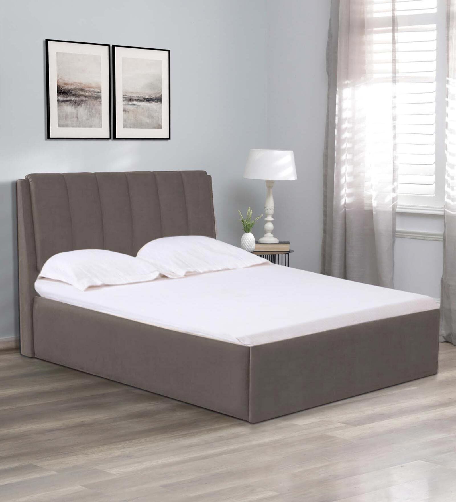 Antho Upholstered Queen Size Bed In Velevt Stone Finish With Box Storage