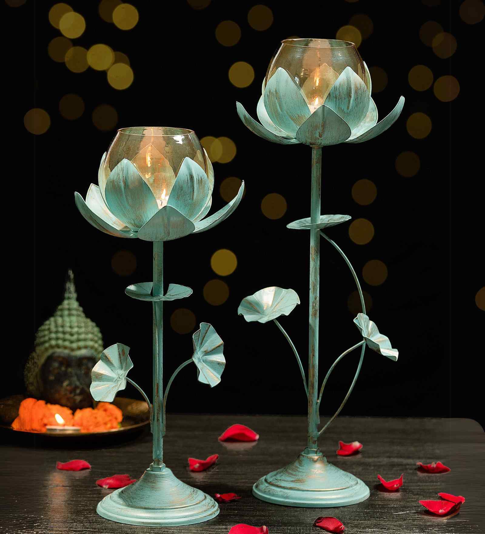 Antique (Set of 2) Iron T- Light Holder (white & gold)