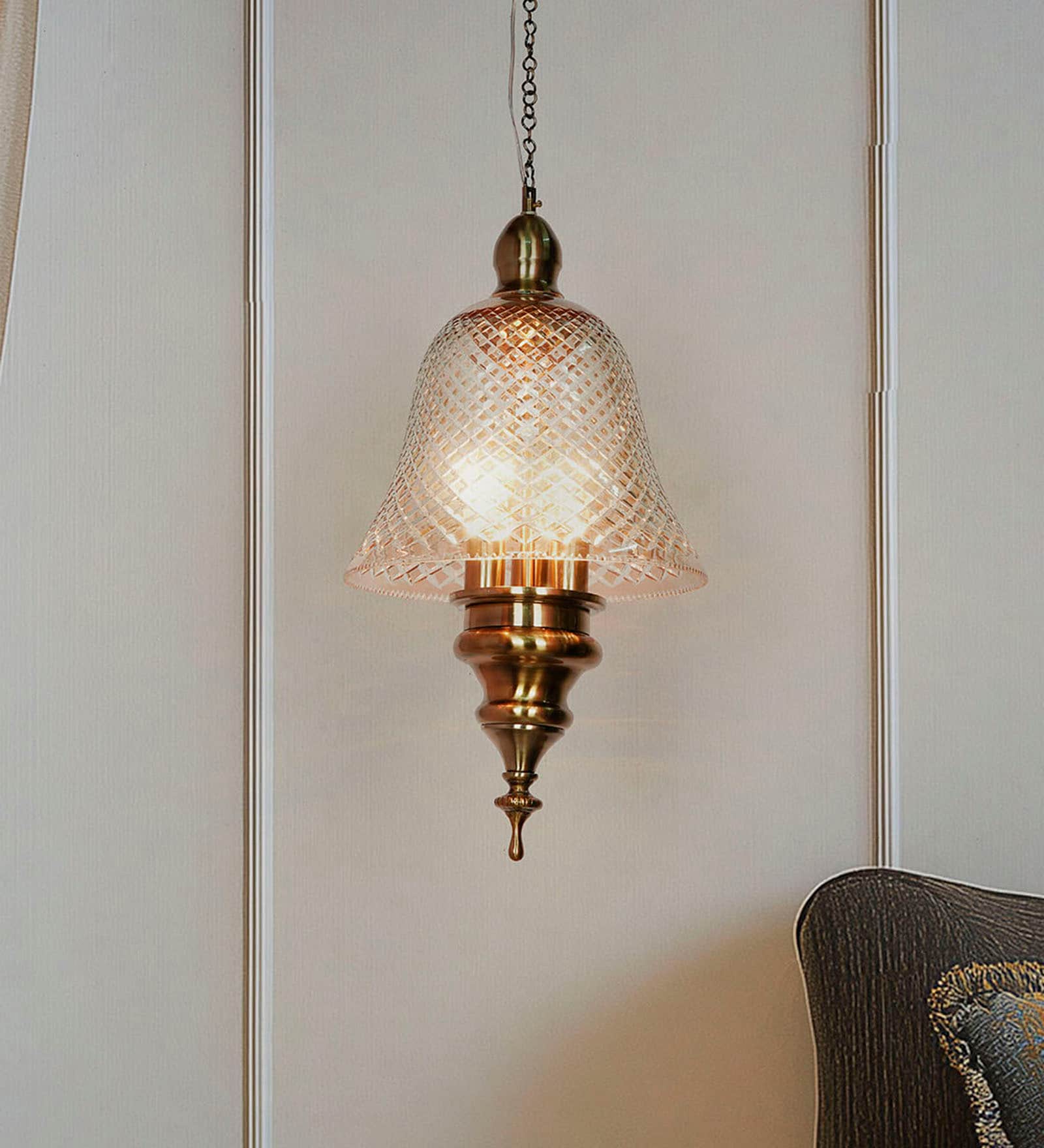 Antique Brass 3 Light Bell Pendant Light with Golden Cut Glass