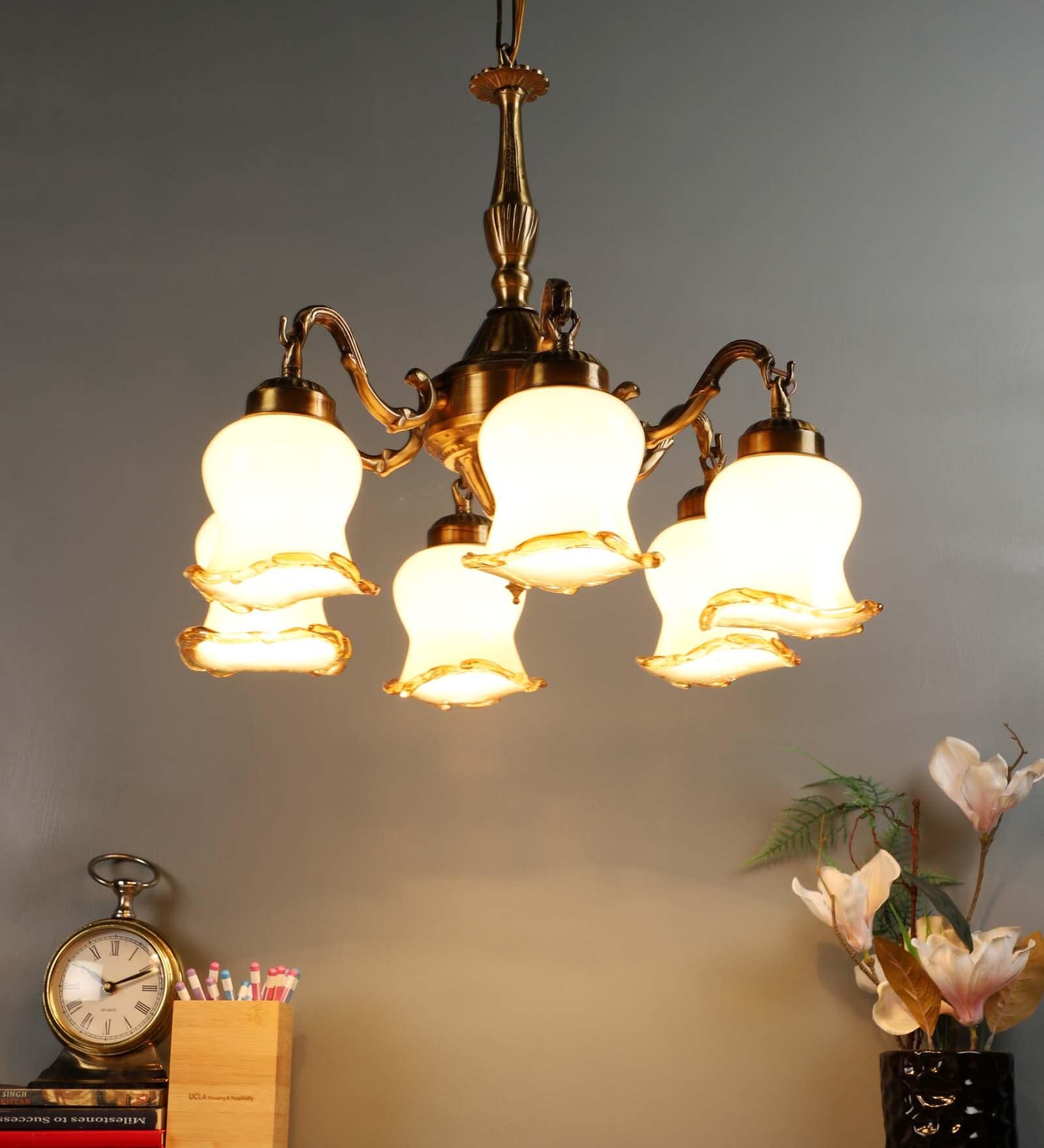 Tinsley Antique Brass Glass Shaded Chandelier