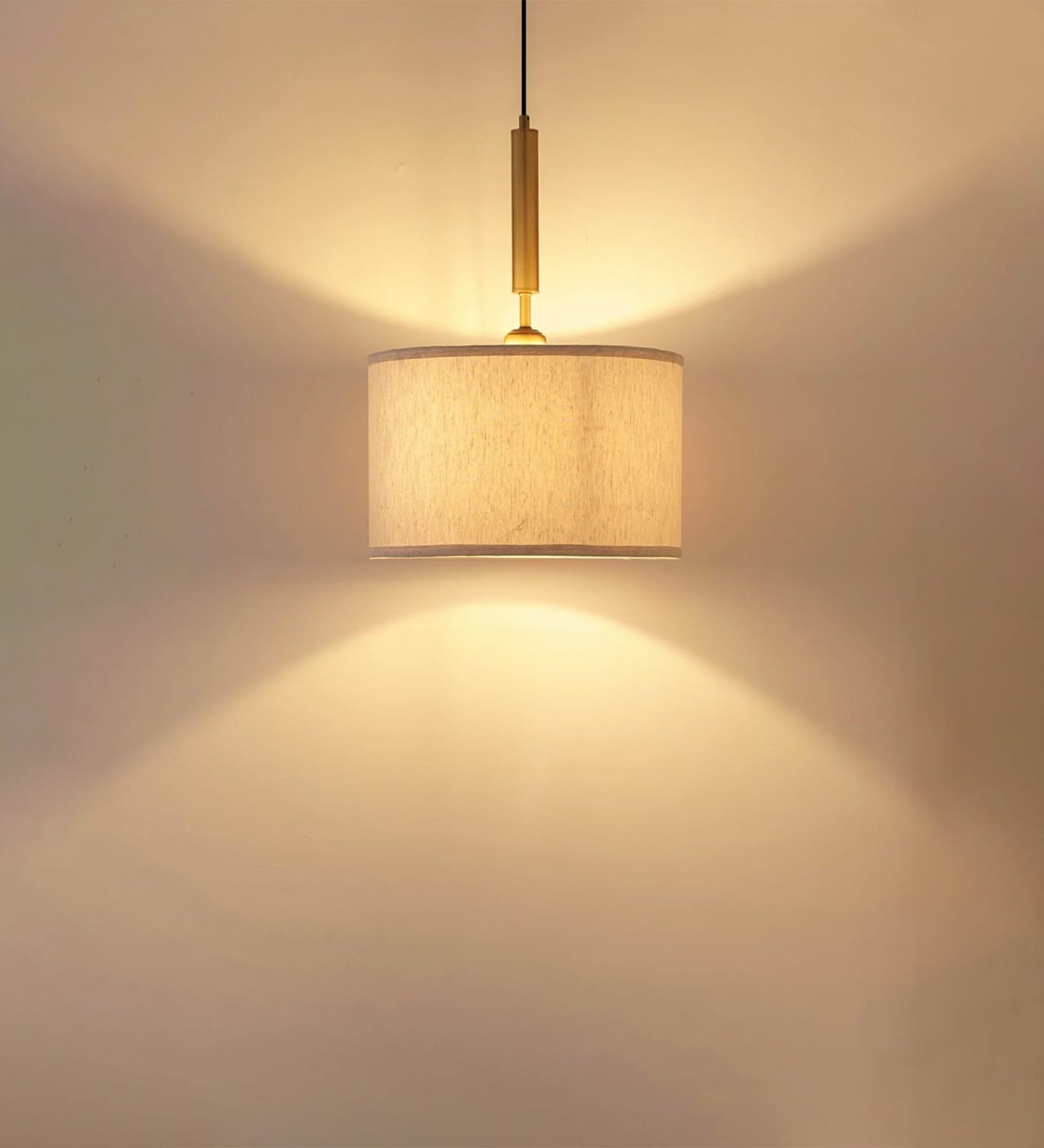 Antique Brass Finish Fabric Pendant Hanging Light with 14" Diameter Cotton Off White Shade