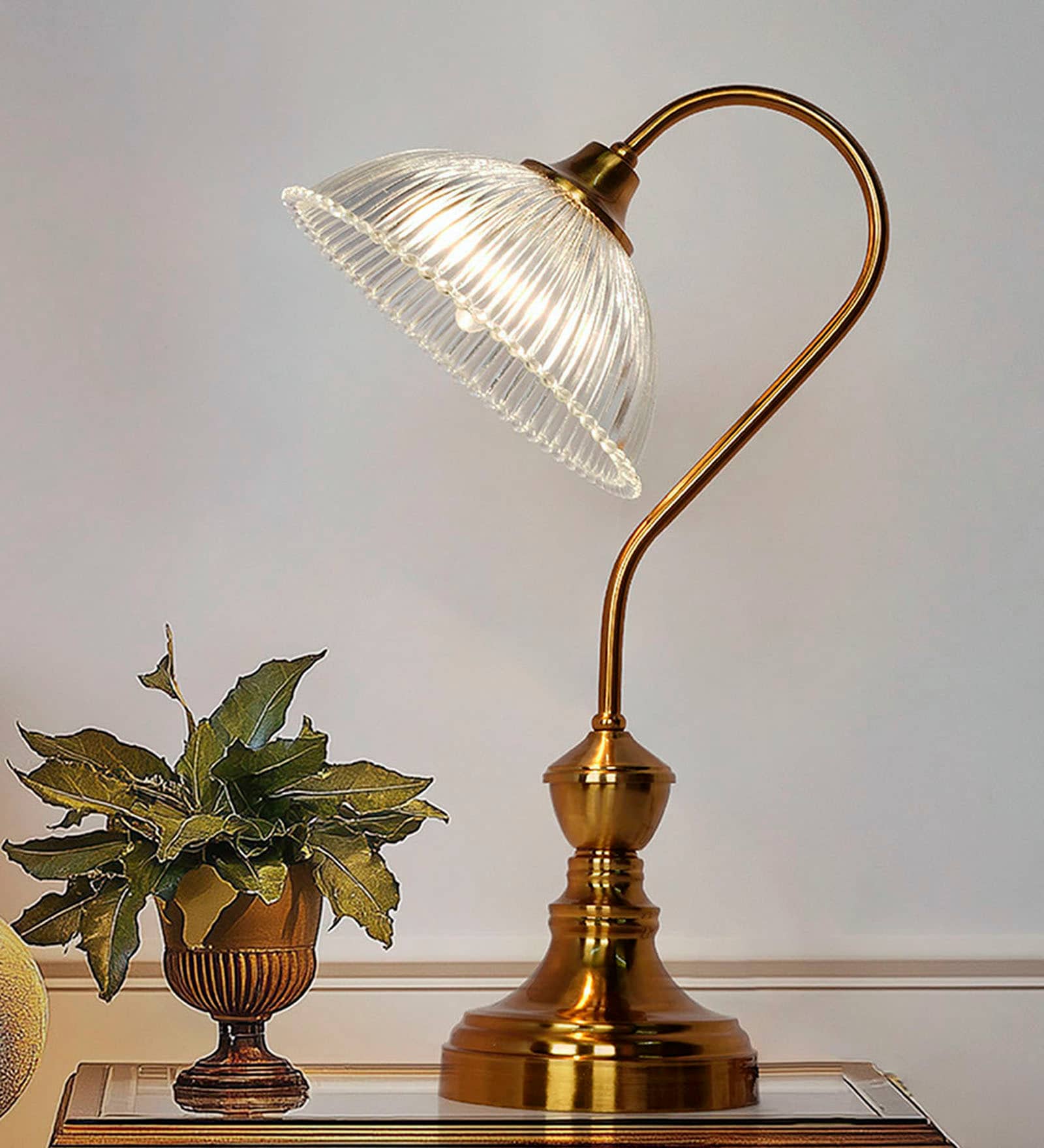 Antique Brass finished Retro Reading Lamp with Fluted Glass Bowl Shade