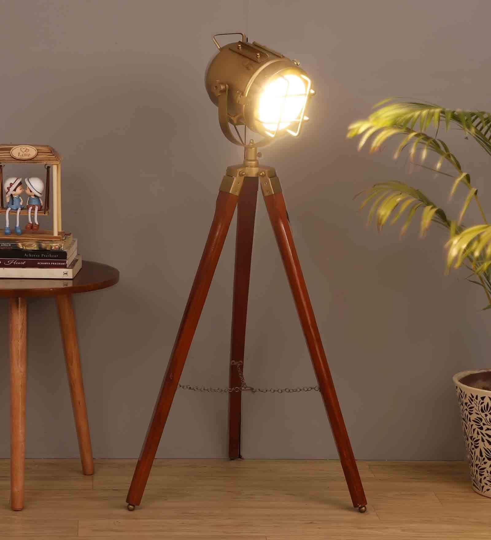 Antique Brass Metal Shade Tripod Floor Lamp With Mango wood Base