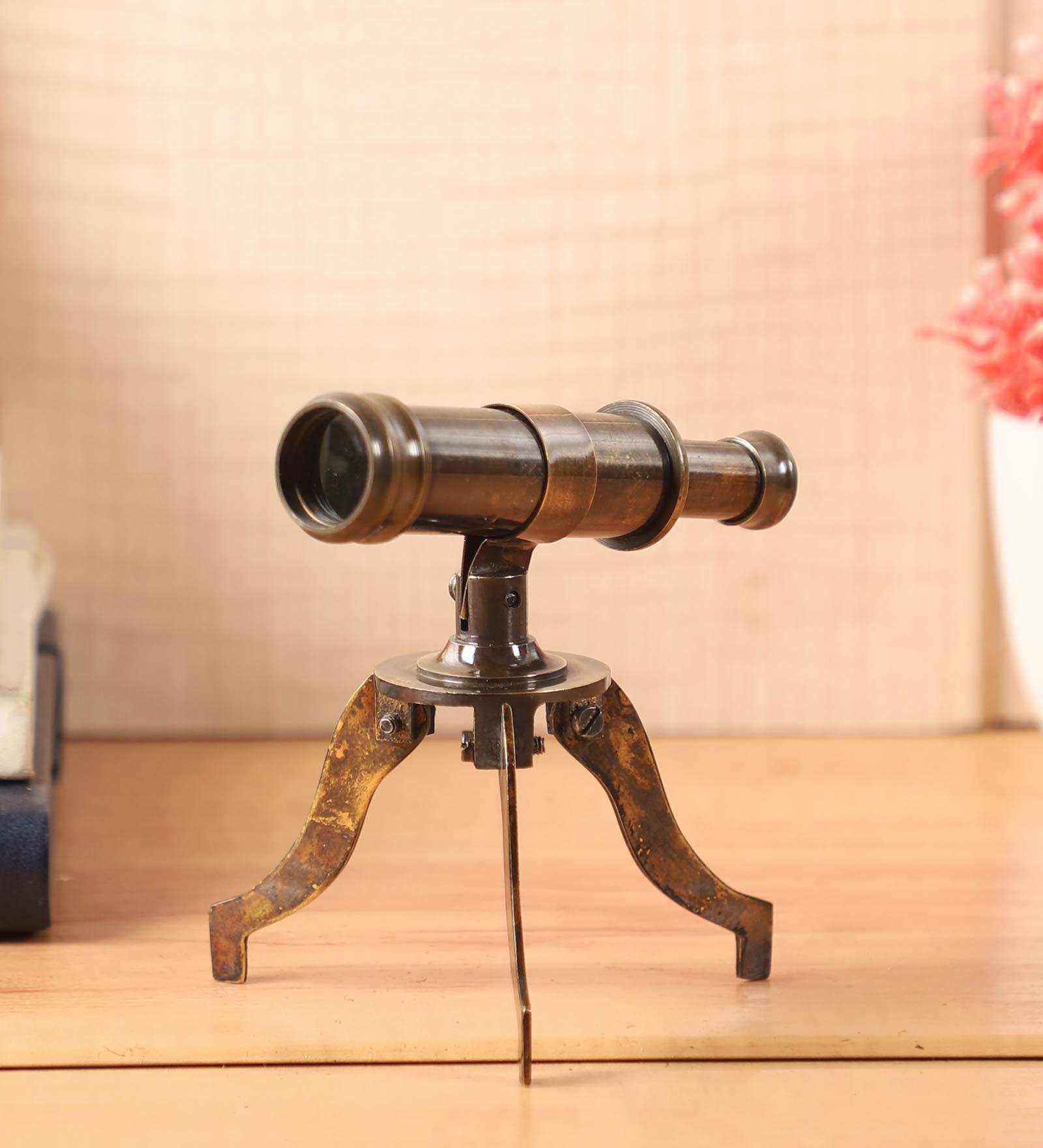 Antique Brass Mini Telescope Showpiece With Brass Tripod Stand
