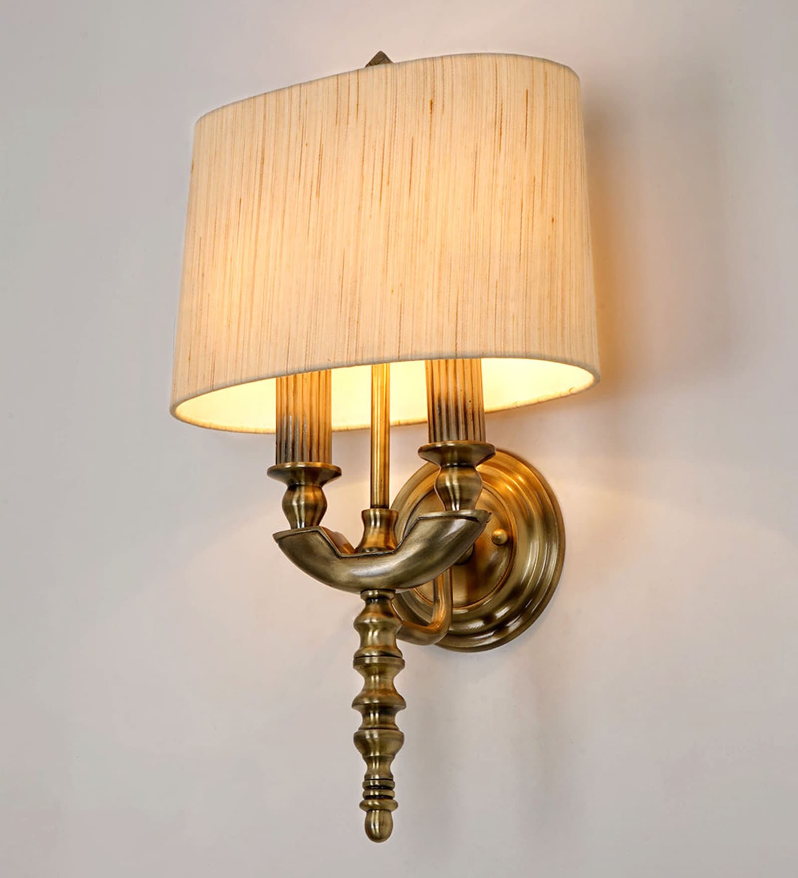 Antique Brass Victorian 23 Inch Dual-Light Aluminium Wall Lamp With Rounded Square Cream Textured Fabric Shade