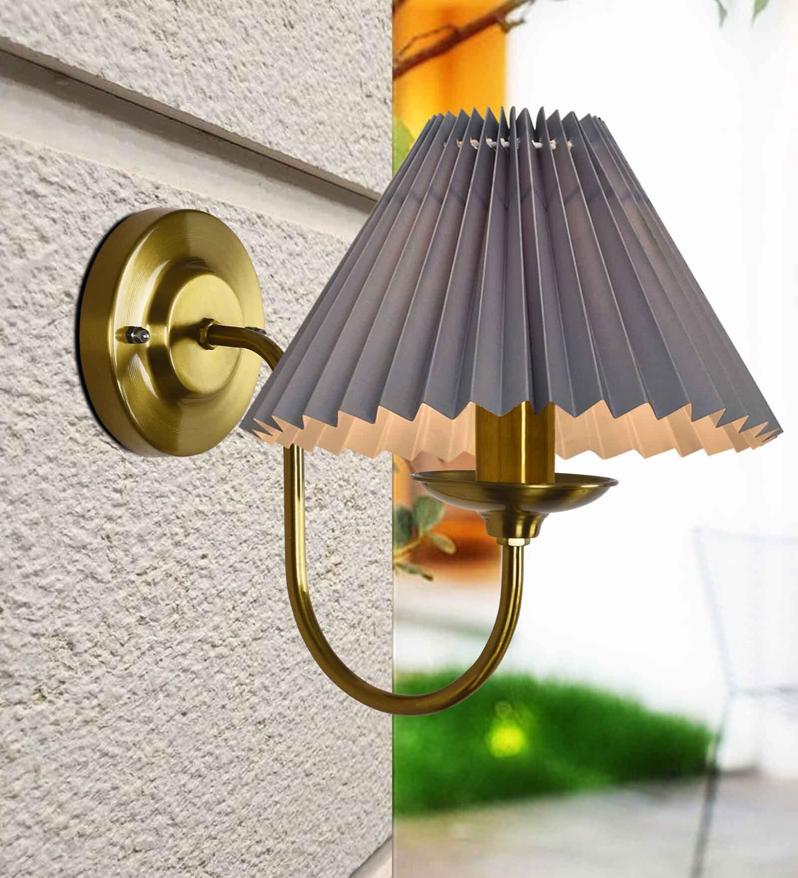 Antique Brass Wall Sconces Lighting Fixture, E27, Fabric Shade, Brass, Pleated Grey