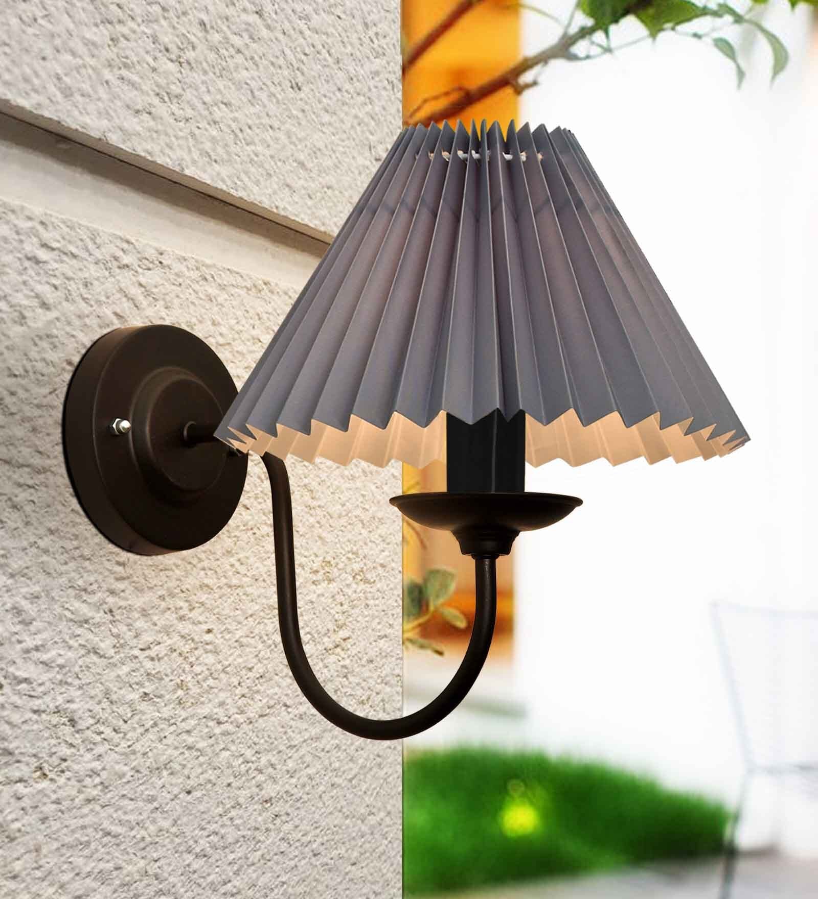 Antique Brass Wall Sconces Lighting Fixture, E27, Fabric Shade, Black, Pleated Grey