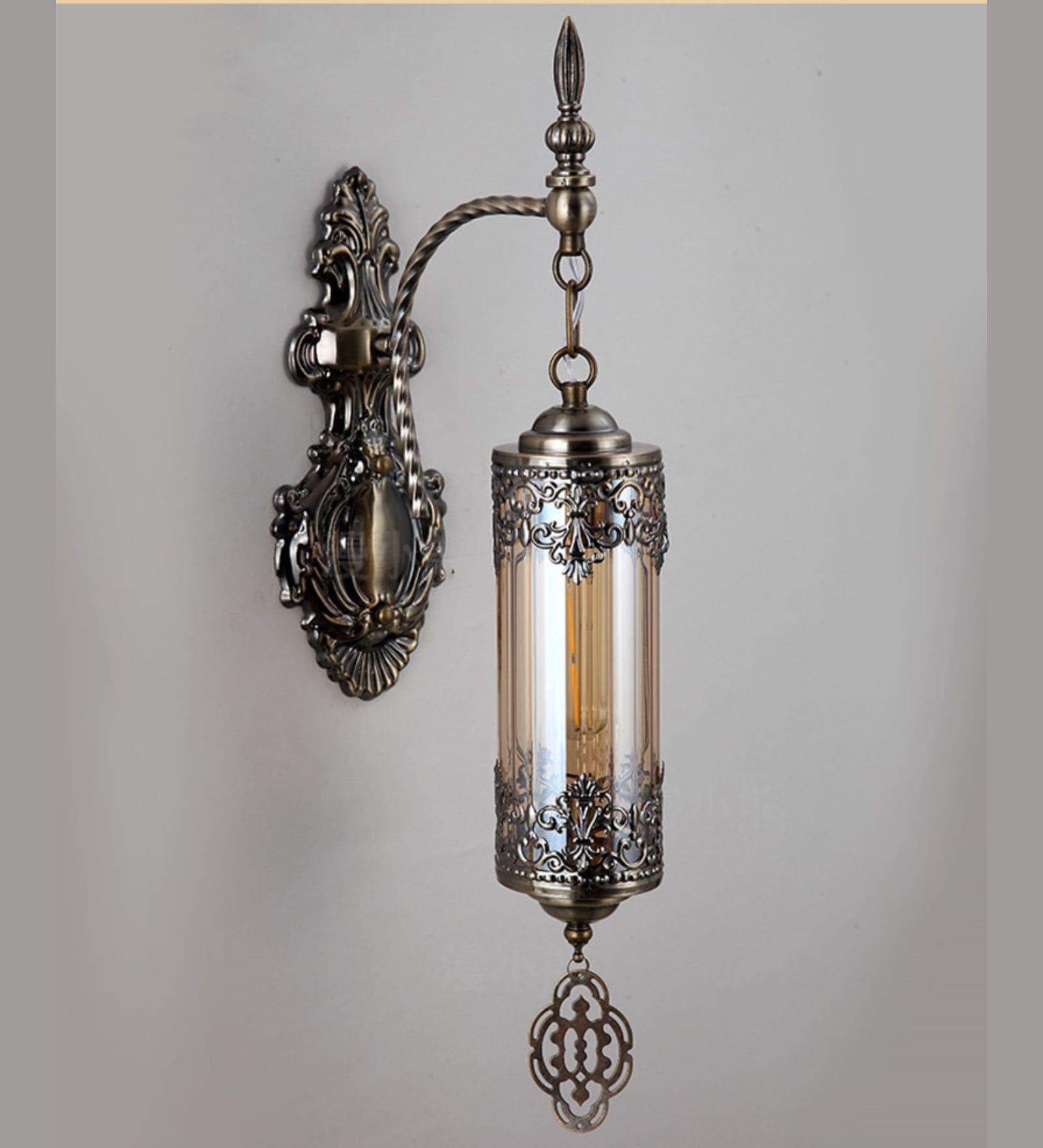 Antique Bronze Hanging Wall Lamp with Ornate Metal & Glass Shade