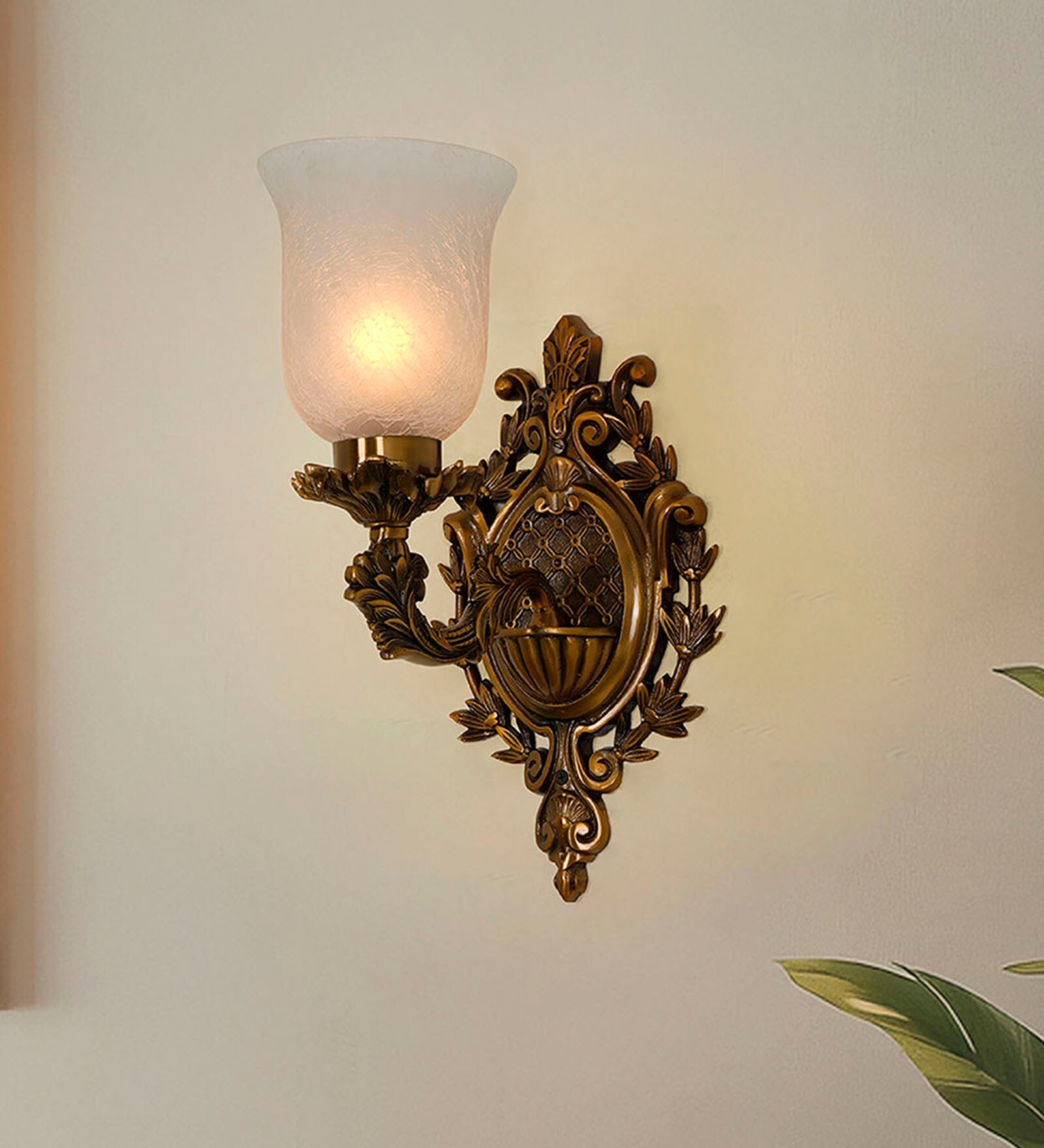 Antique Cast Aluminium Traditional Uplight Wall Sconce with Frosted Crackle Glass
