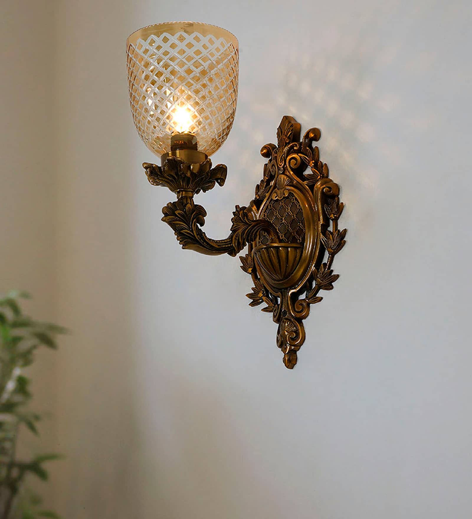 Antique Cast Aluminium Traditional Uplight Wall Sconce with Golden Luster Glass