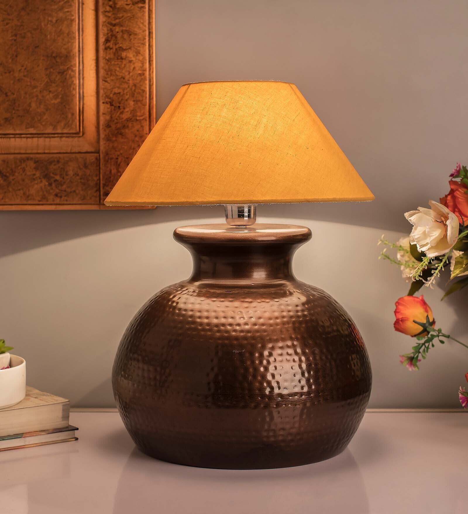 Antique Copper Hammered Pitcher Table Lamp with Golden Shade
