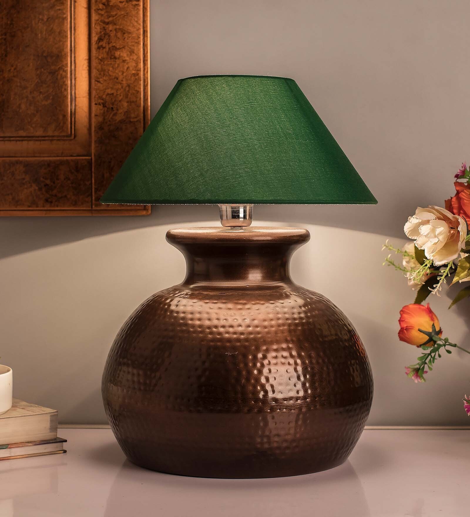 Antique Copper Hammered Pitcher Table Lamp with Green Shade