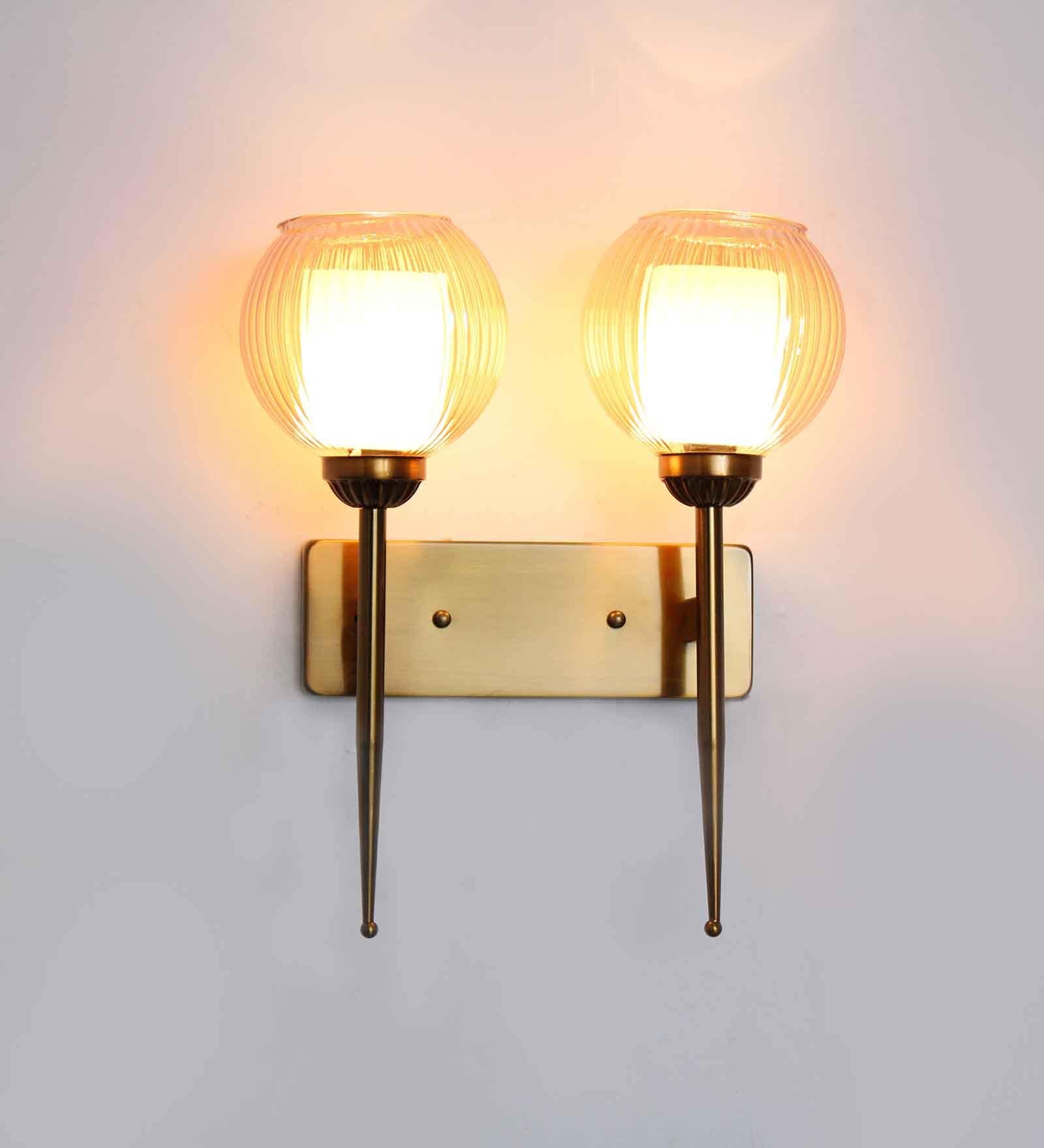 Antique Finish Double Arm Wall Light with Dual Ribbed Glass