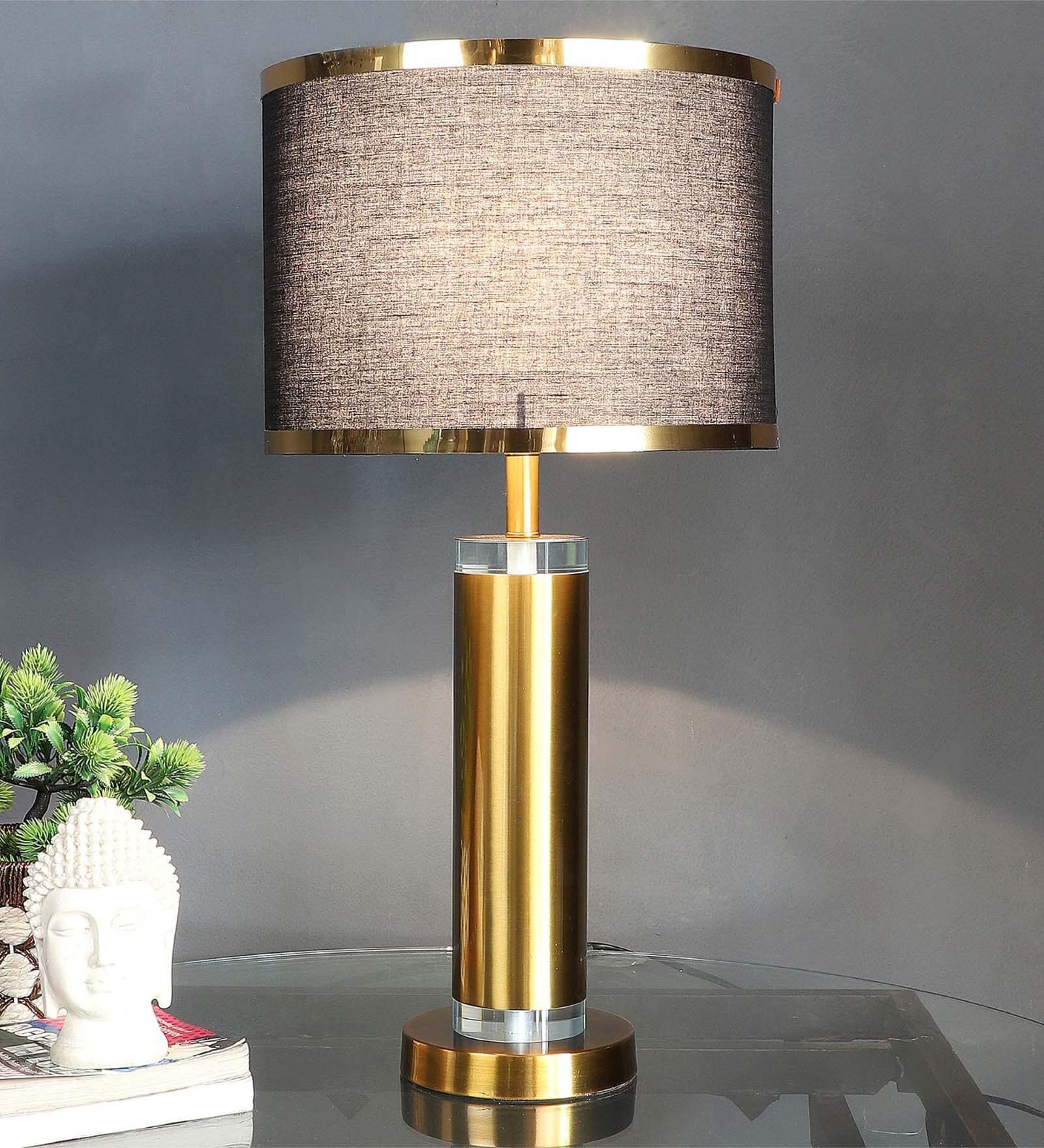 Antique Gold Cotton Fabric Shade Table Lamp With Metal Base