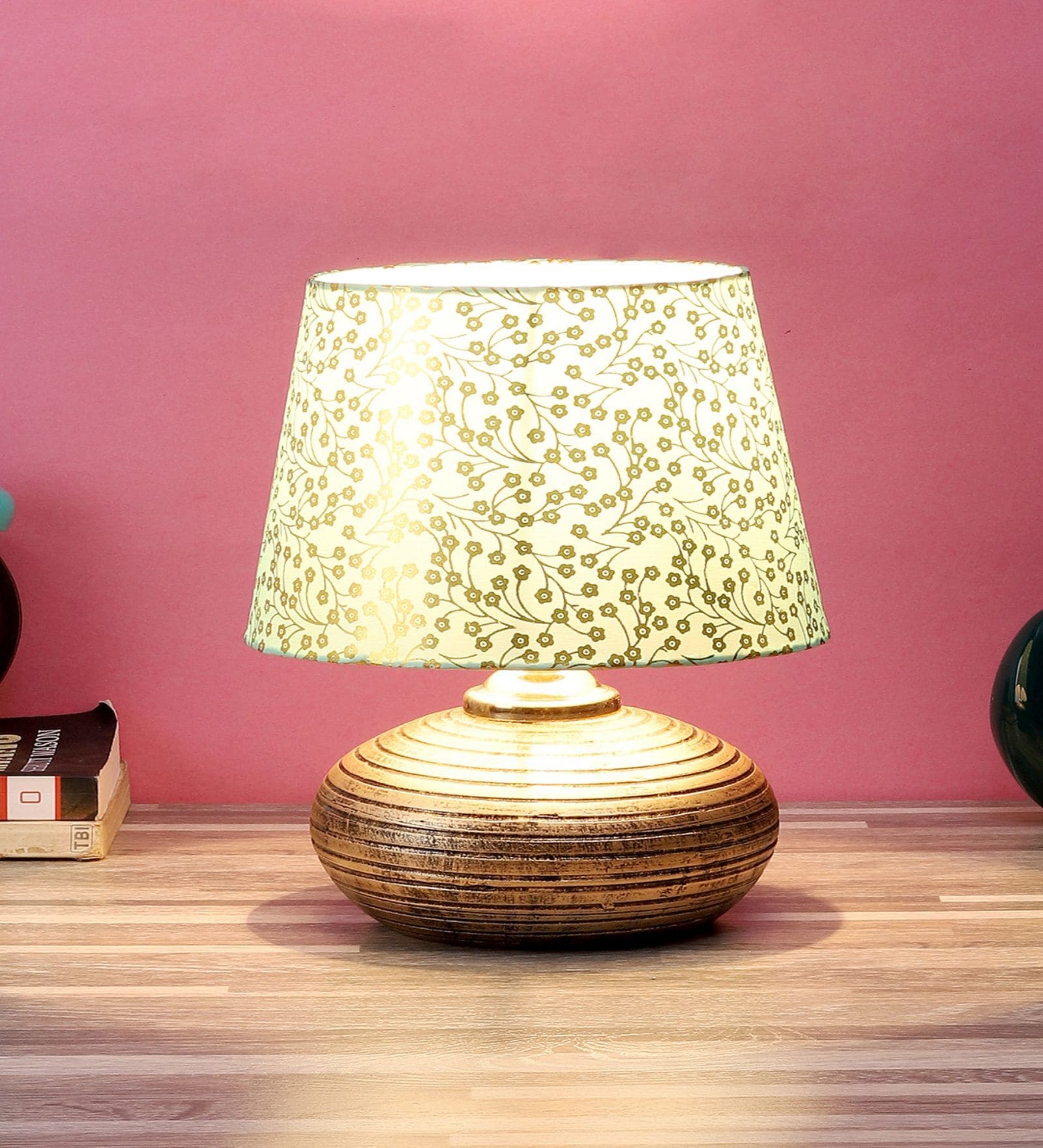 Buy Antique Gold Terracotta & Cotton Green & Gold Colour Table Lamp at