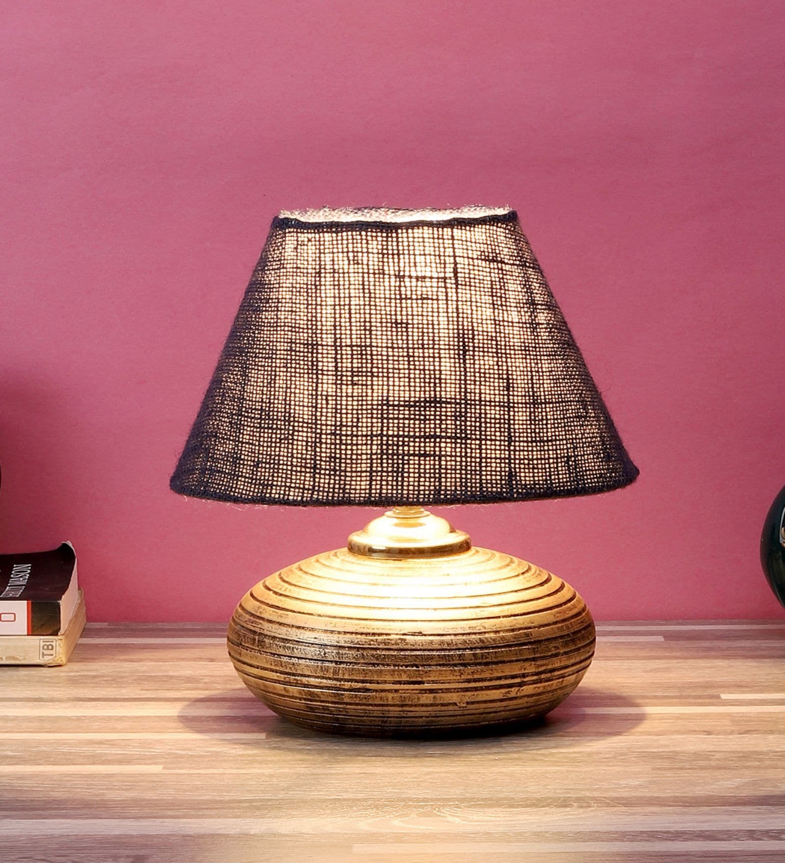 Antique Gold Terracotta & Natural Fiber Blue Colour Table Lamp