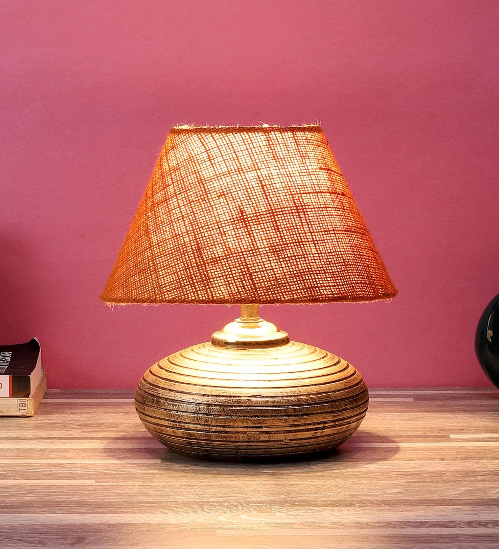 Antique Gold Terracotta & Natural Fiber Mustard Colour Table Lamp