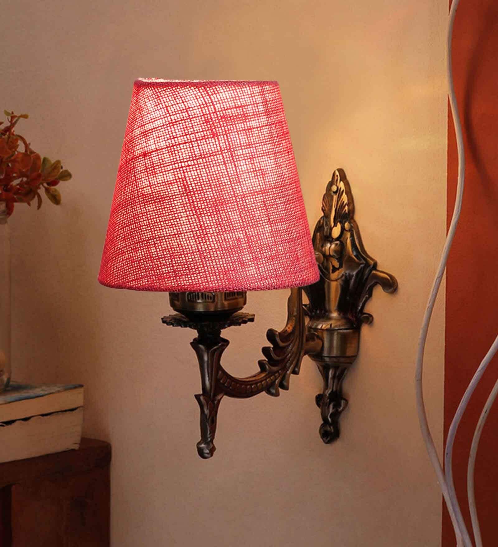 Antique Gold Wall Lamp with Jute Conical Pink Shade