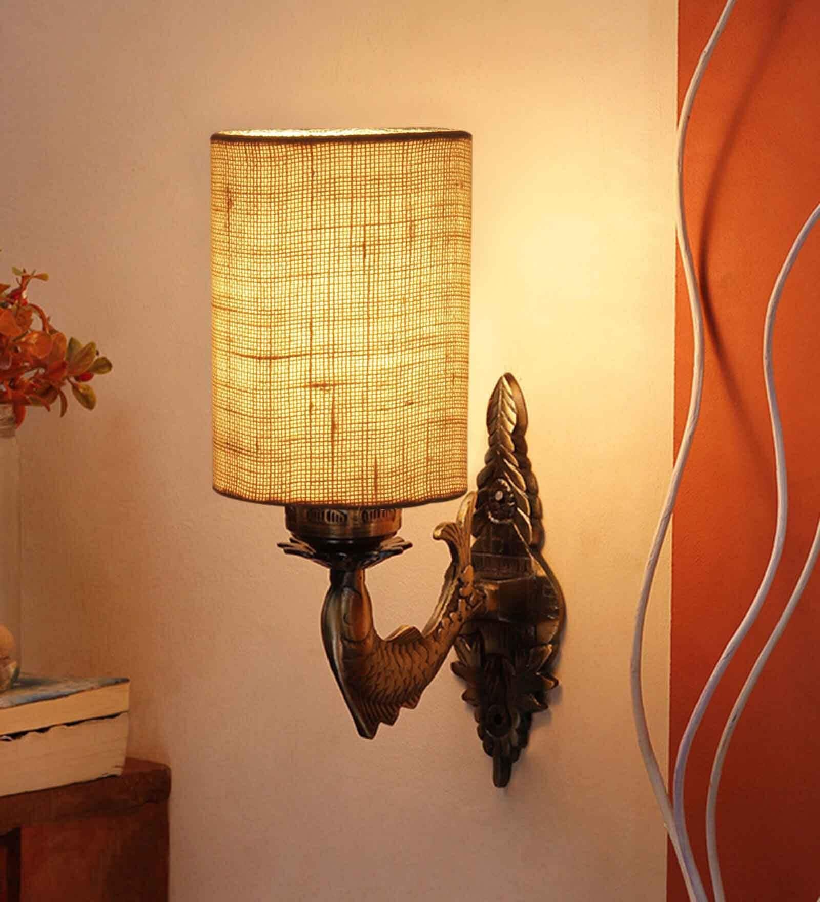 Antique Gold Wall Lamp with Jute White Shade
