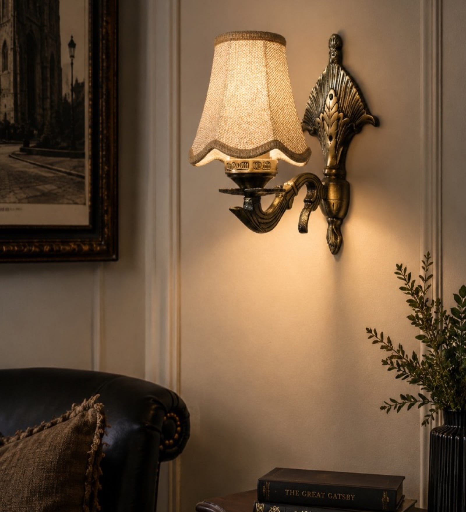 Antique Gold Wall Light with Beige Jute Shade