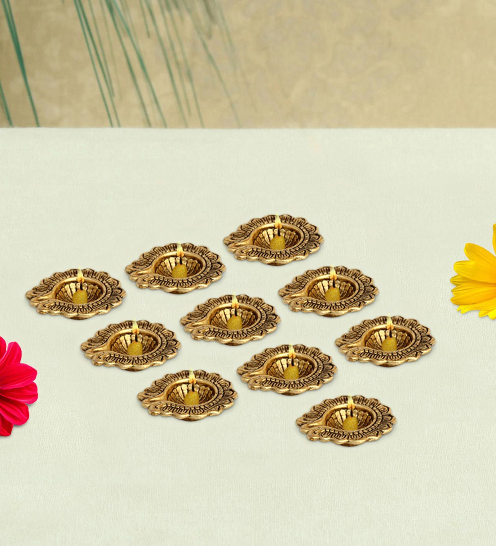 Antique Golden Aluminium Diya In Antique Golden Finish Set of 10,