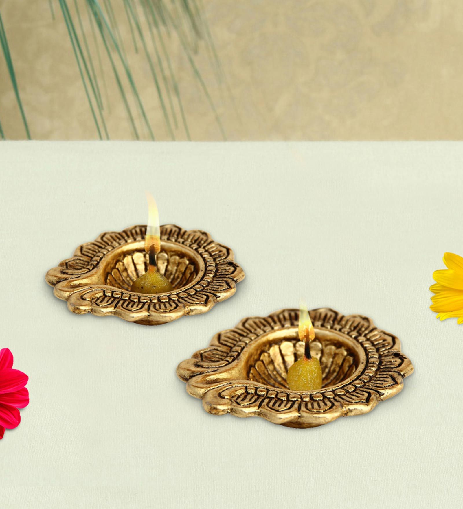 Antique Golden Aluminium Diya In Antique Golden Finish Set Of 2