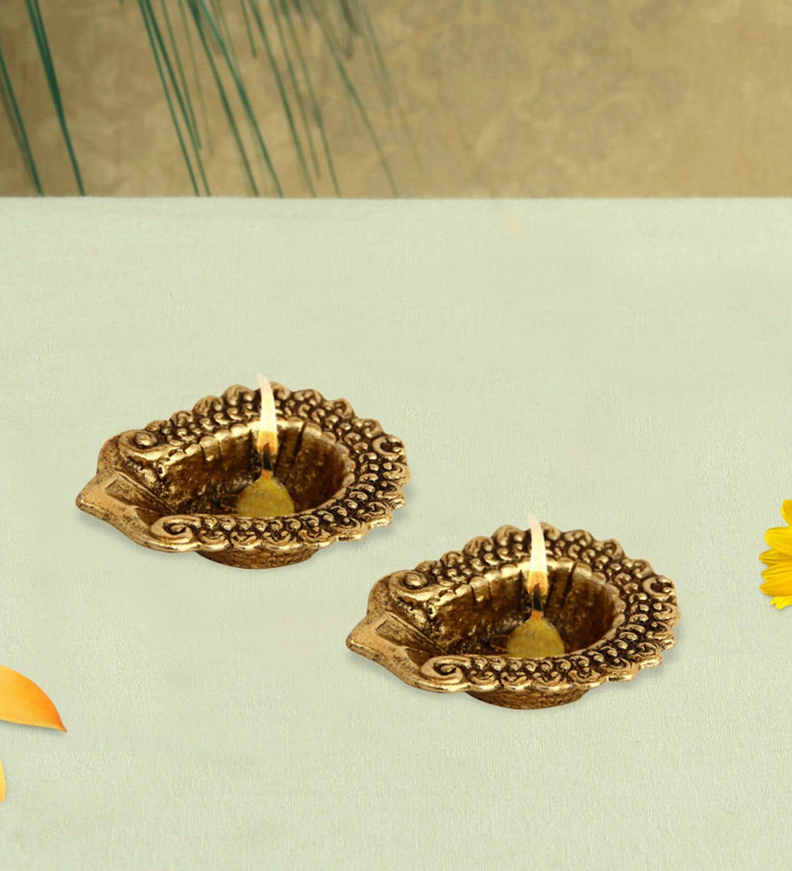 Antique Golden Aluminium Diya In Antique Golden Finish Set of 2,