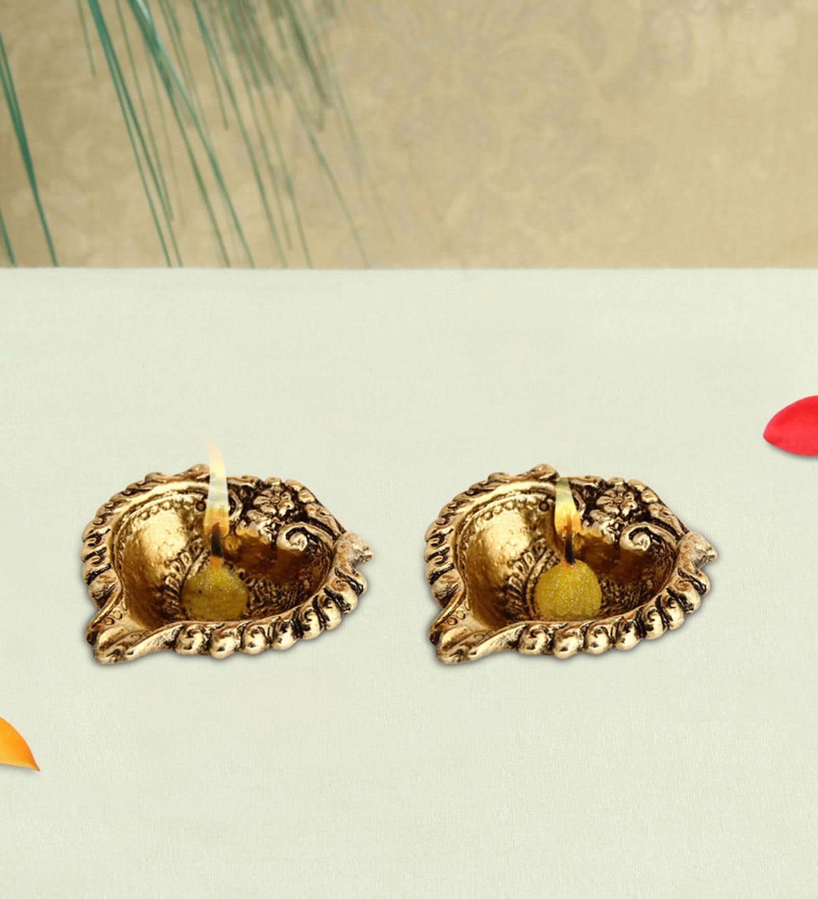 Antique Golden Aluminium Diya In Antique Golden Finish Set of 2,