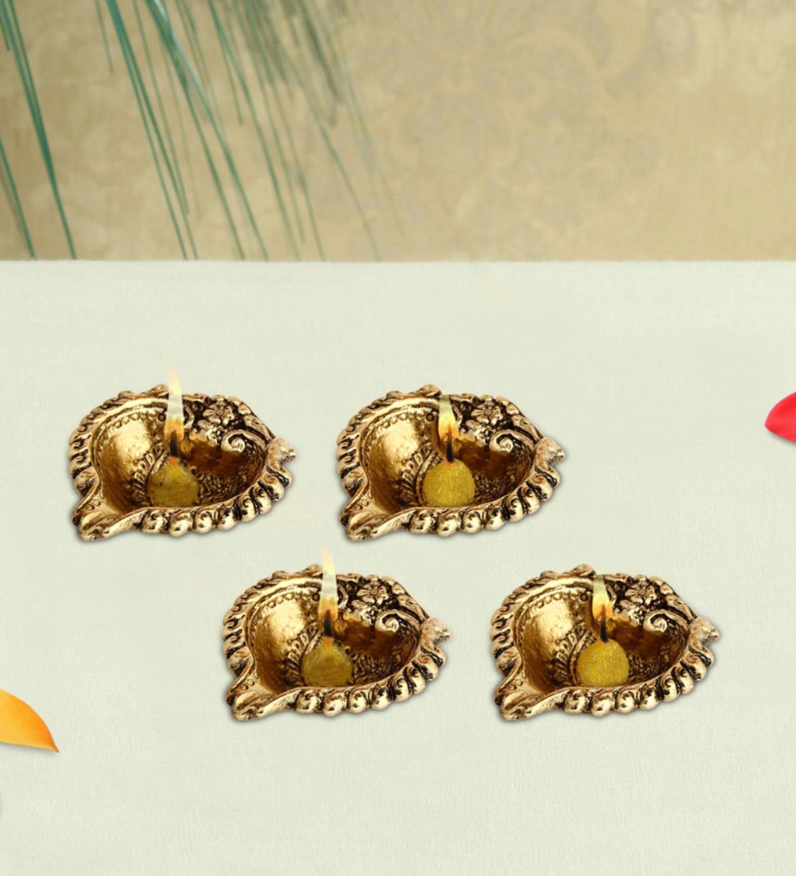 Antique Golden Aluminium Diya In Antique Golden Finish Set Of 4,