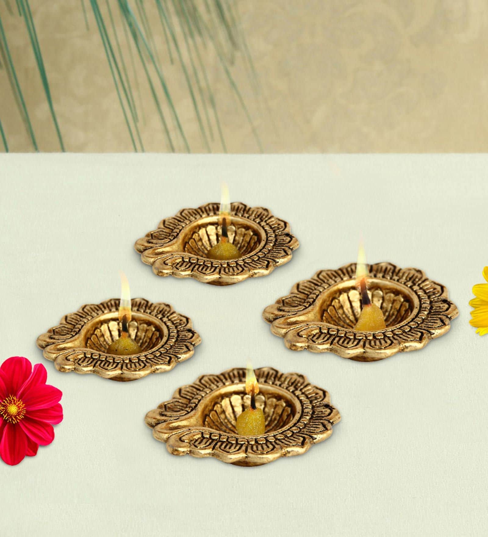 Antique Golden Aluminium Diya In Antique Golden Finish Set of 4,