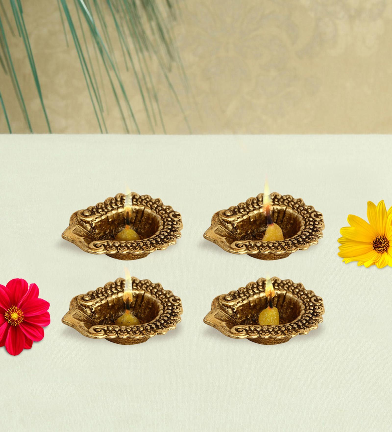 Antique Golden Aluminium Diya In Antique Golden Finish Set of 4,