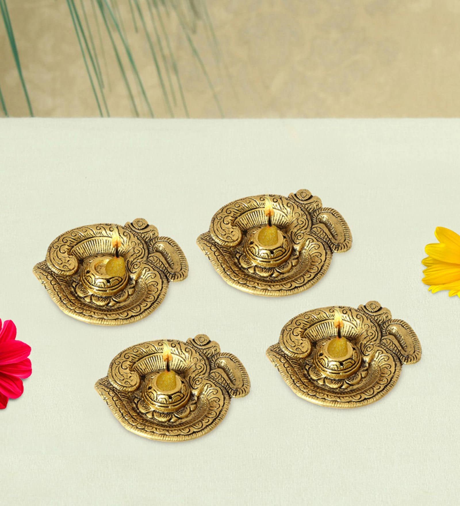 Antique Golden Aluminium Incense Holder In Antique Golden Finish Set of 4,