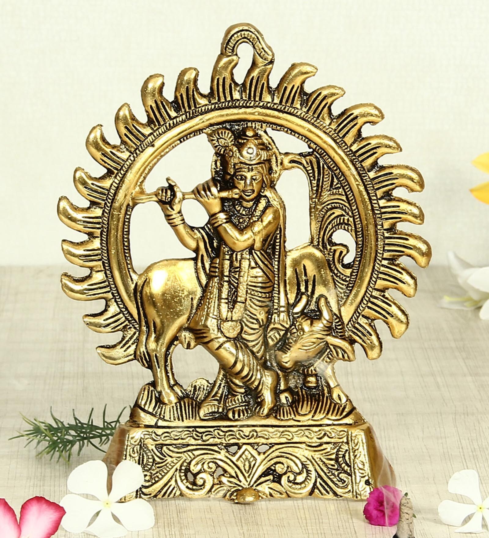 Antique Golden Aluminium Lord Krishna Playing A Flute With Cow At The Back And A Divine Halo For Home Decor Idol