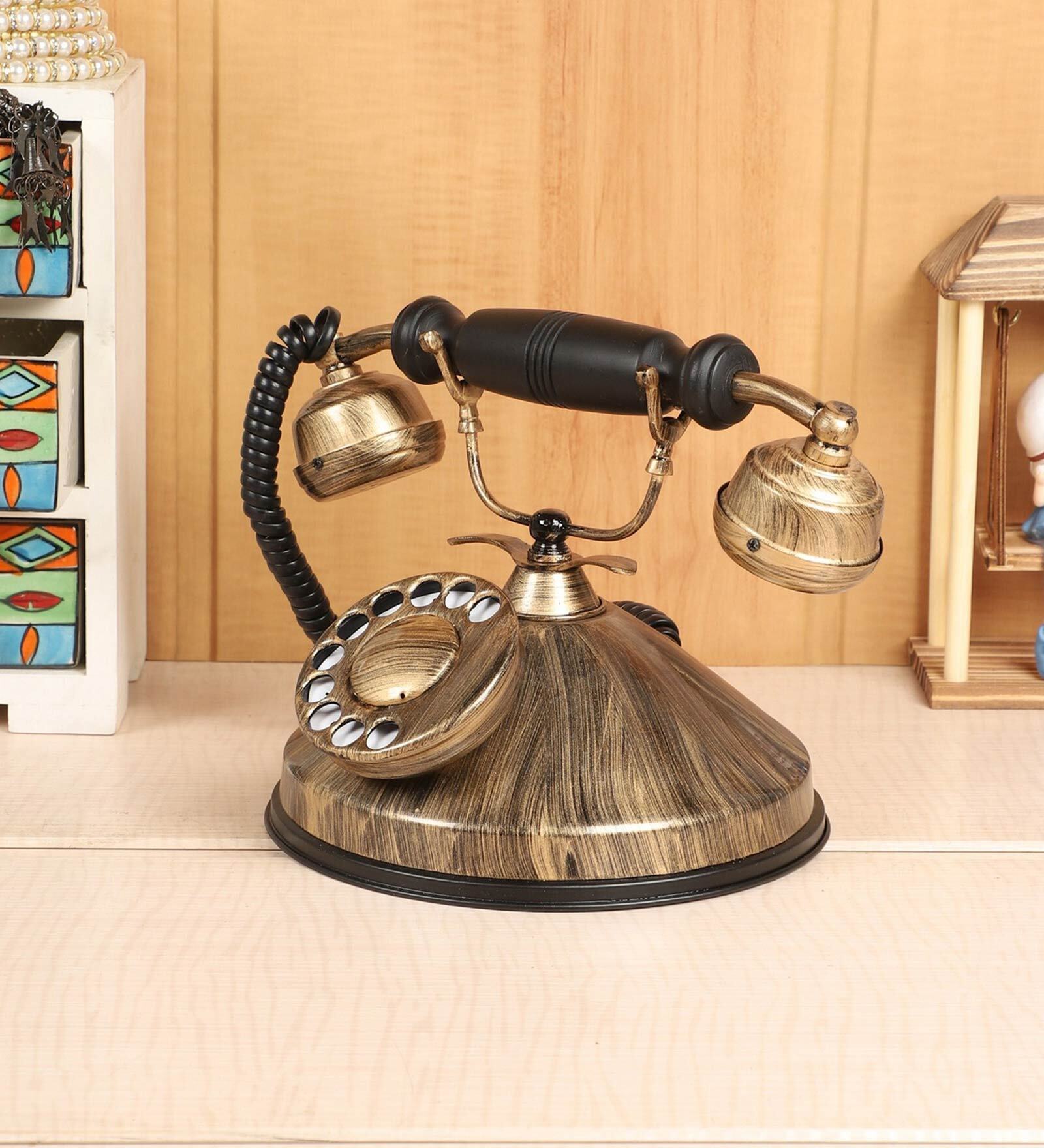 Antique Golden Round Base Brass & Wood Dummy Retro Telephone