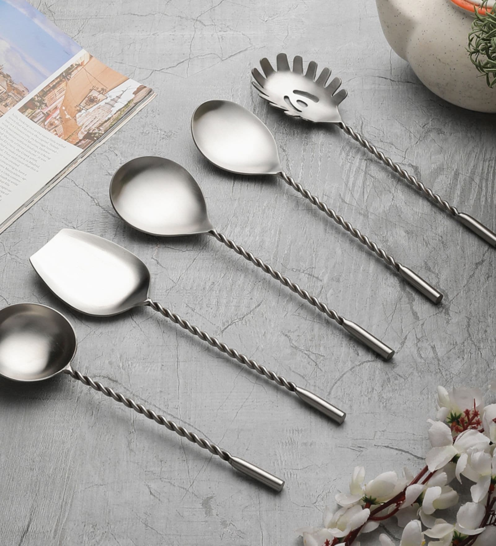 Antique Matt Finish Stainless Steel Twisted Handle Serving Spoons Set of Five
