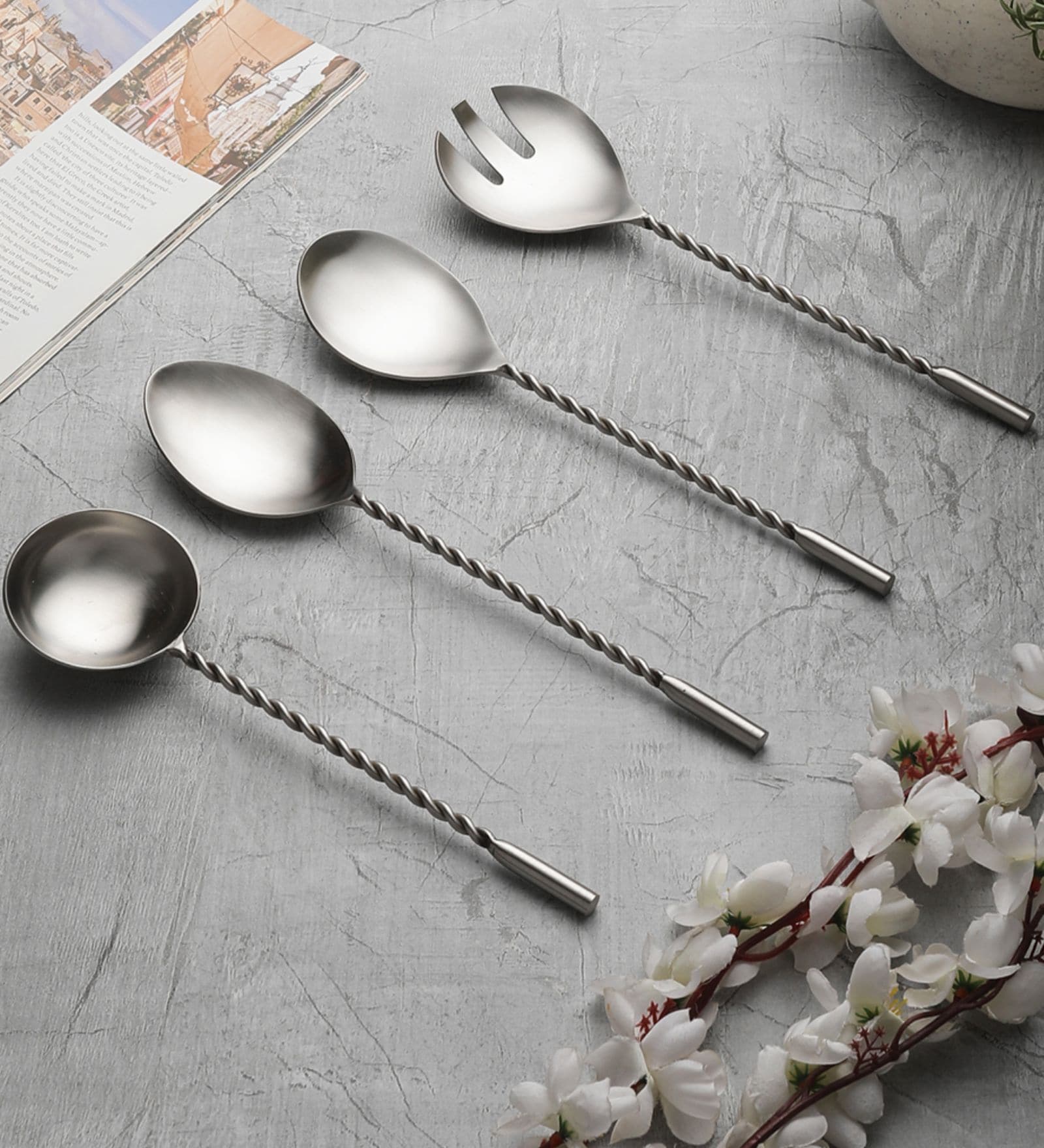 Antique Matt Finish Stainless Steel Twisted Handle Serving Spoons Set of Four
