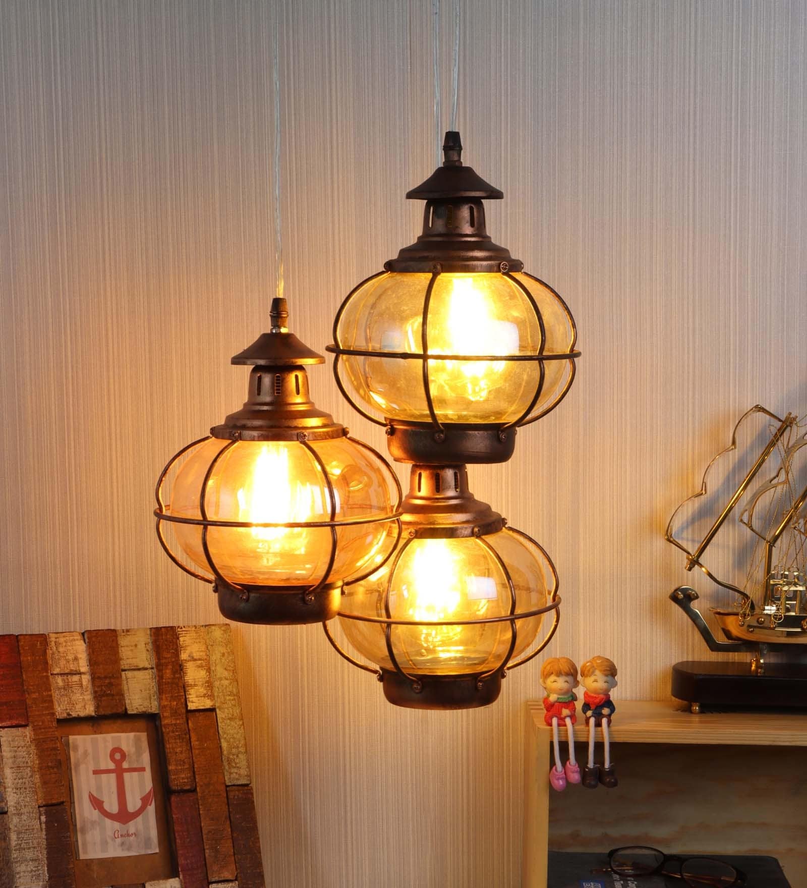 Antique Metal 3 Light Cluster Hanging Lamp