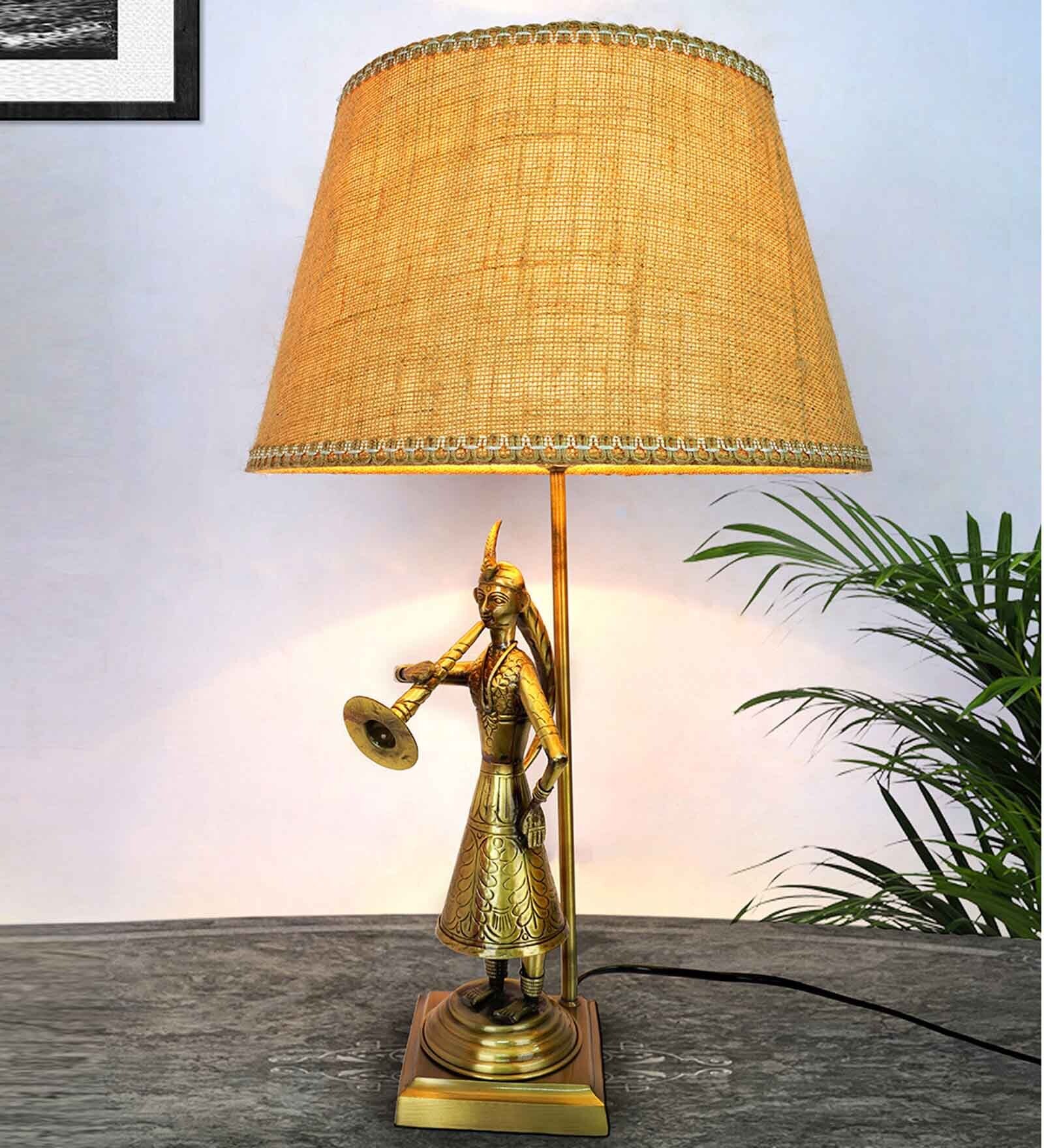 Antique Taper Gold Brass Base Table Lamps with Beige Fabric Shade Antique Taper Gold Brass Base Table Lamps with Beige Fabric Shade